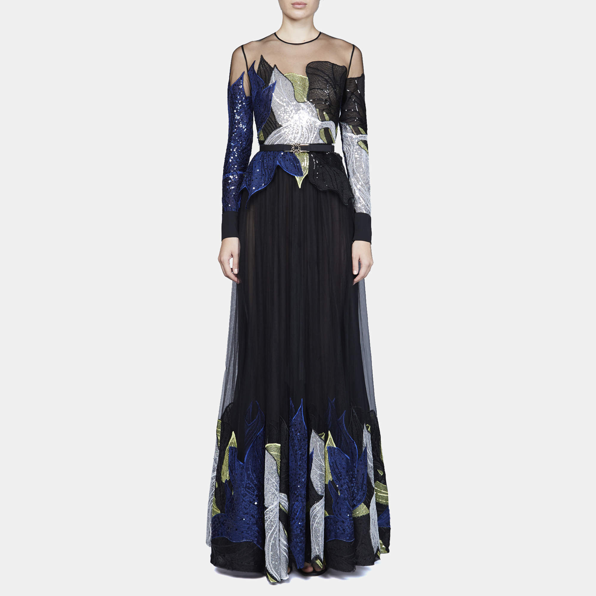 Pre Owned Elie Saab Multicolor Embroidered Long Sleeve Dress M