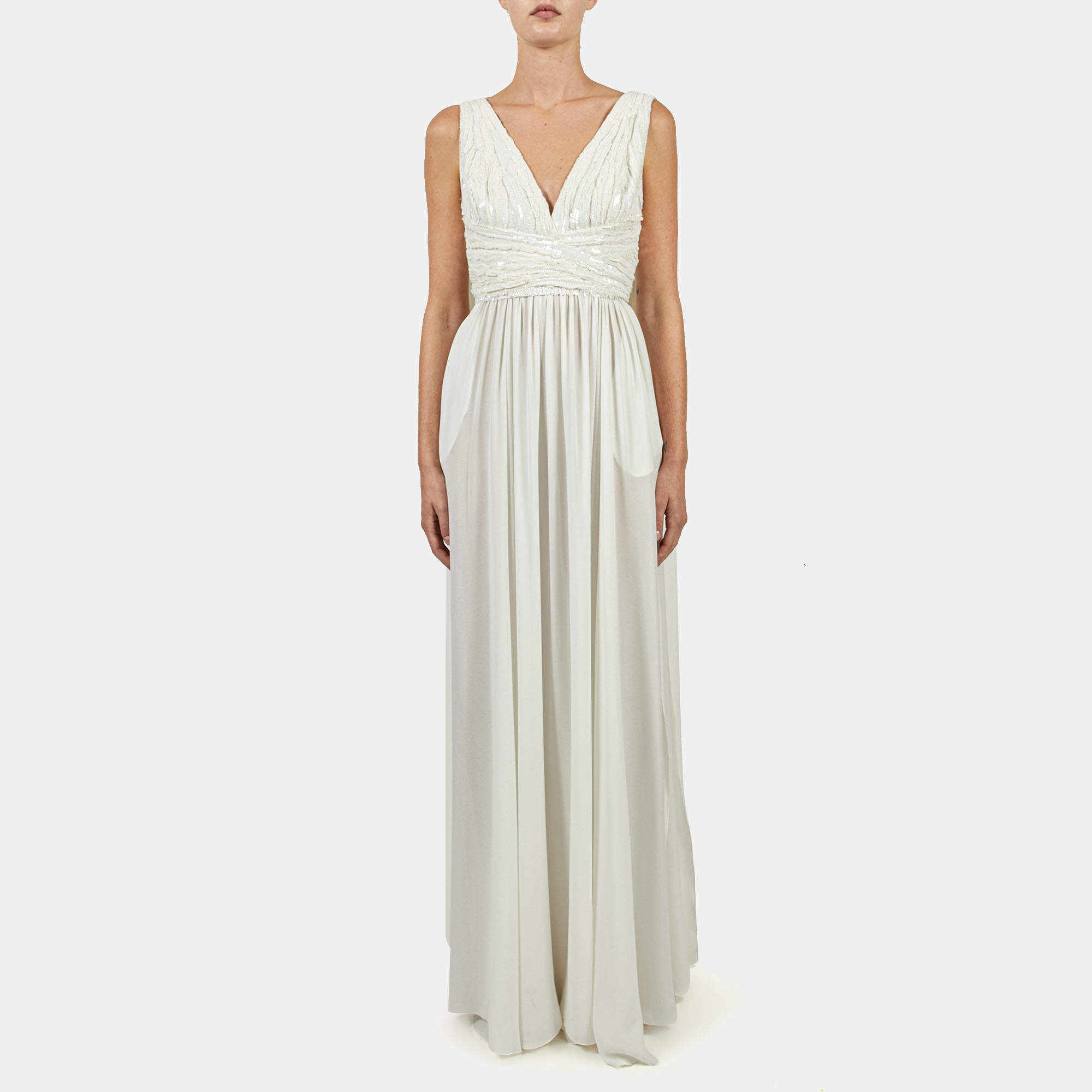 Elie Saab White Embellished Side Slit Sleeveless Dress L