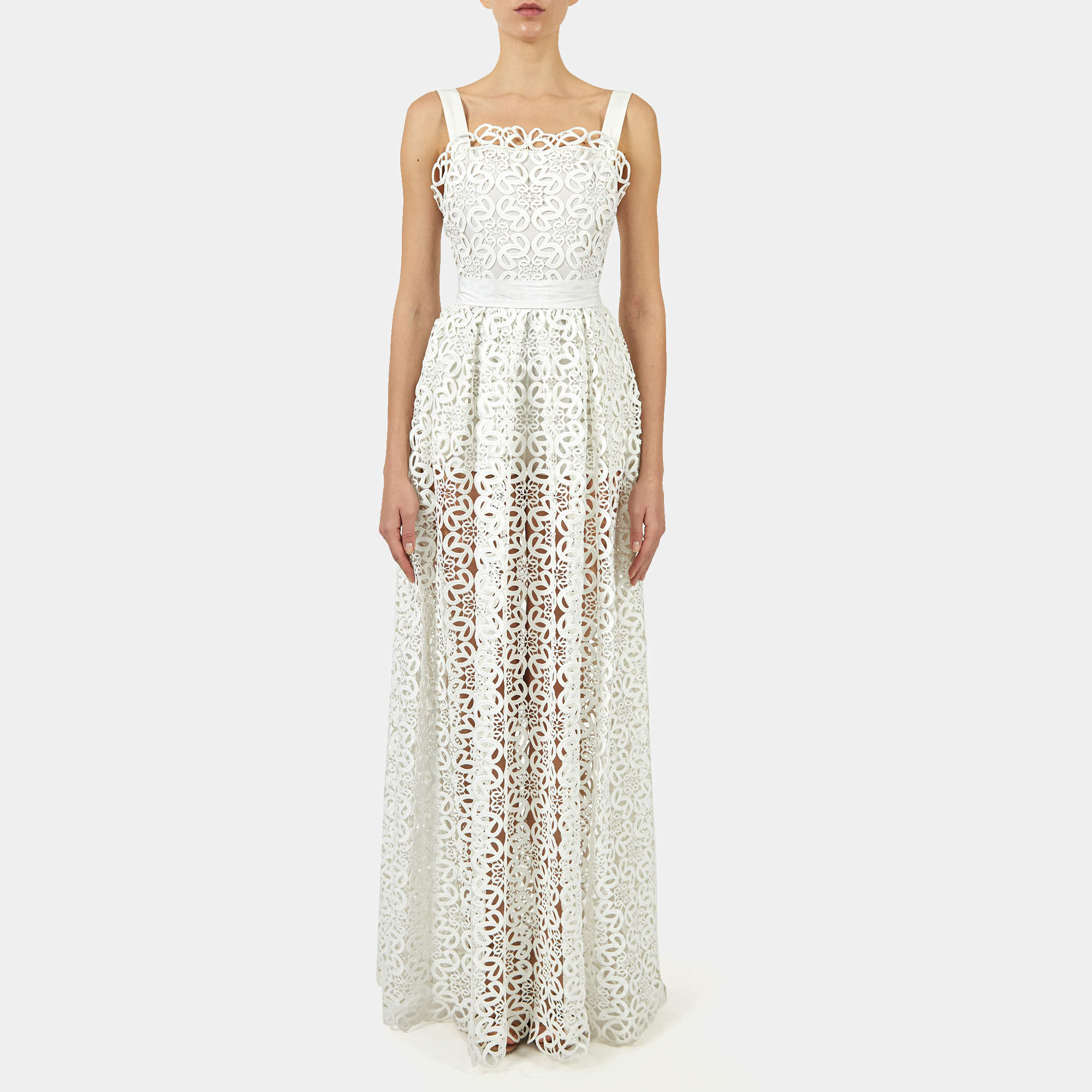 Elie Saab White Macrame Lace Long Dress L