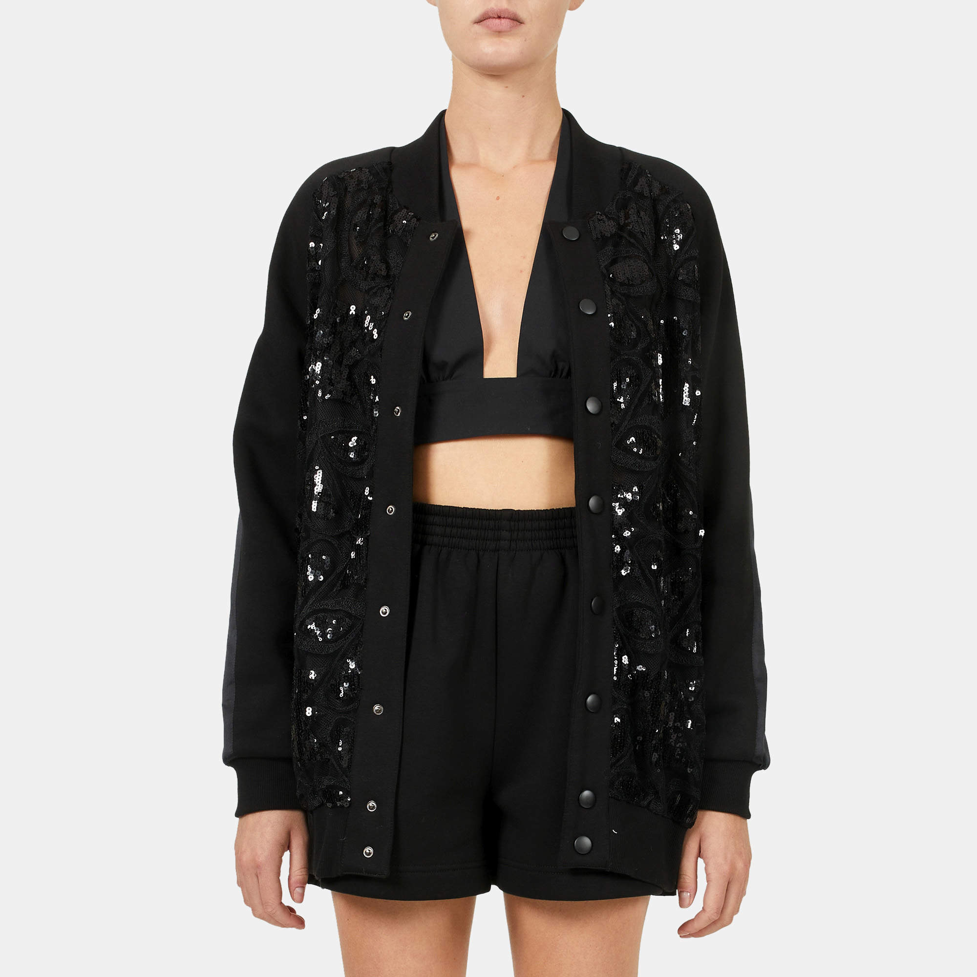 Pre Owned Elie Saab Black Sequins Embellished Long Sleeve Bomber Jacket S