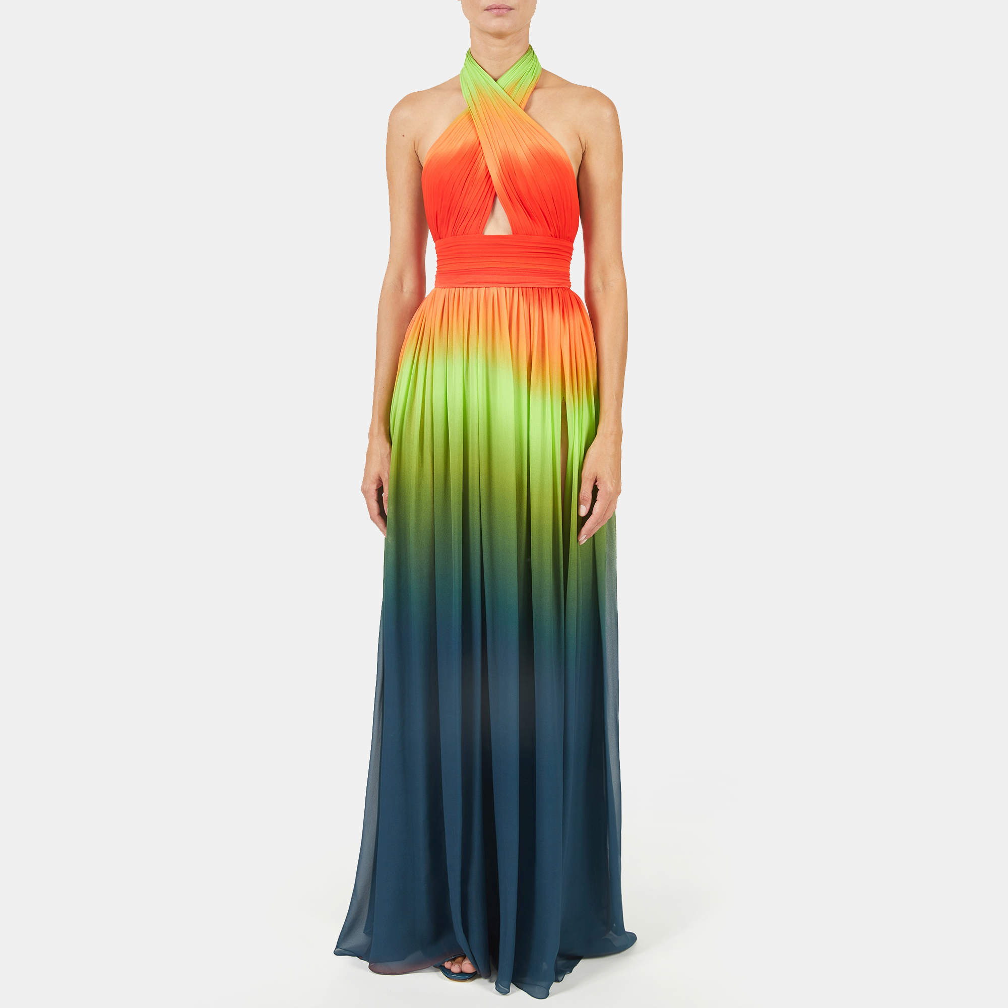 Pre Owned Elie Saab Color Horizon Printed Silk Halter Neck High Slit Long Dress L