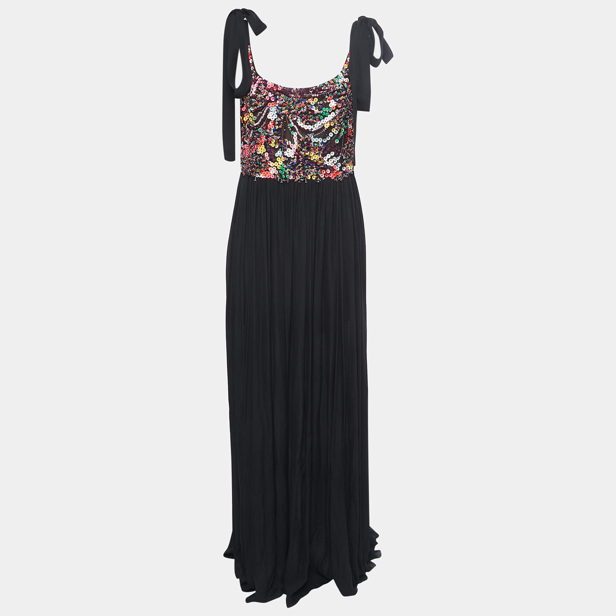 Pre Owned Elie Saab Black Silk Embellished Sleeveless Maxi Dress XL