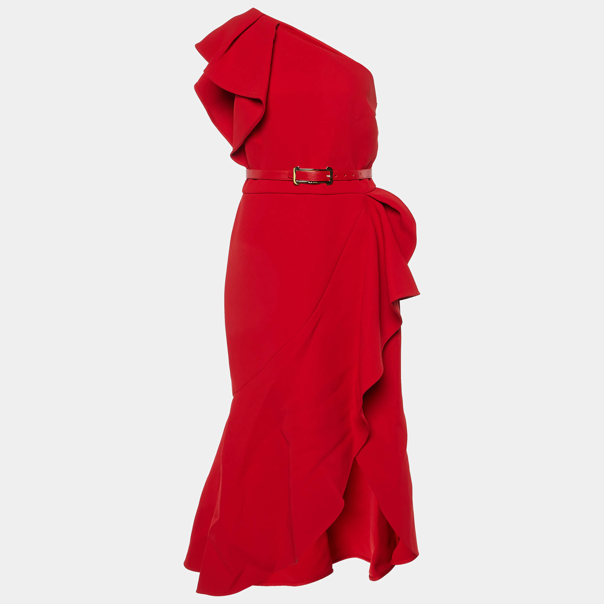 Elie Saab Red Crepe One-shoulder Ruffled Midi Dress S