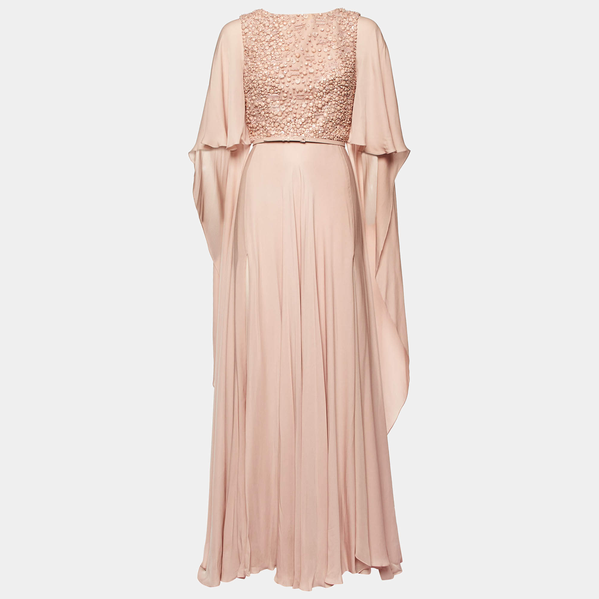 Pre Owned Elie Saab Pink Silk Embellished Cape Sleeve Gown XS