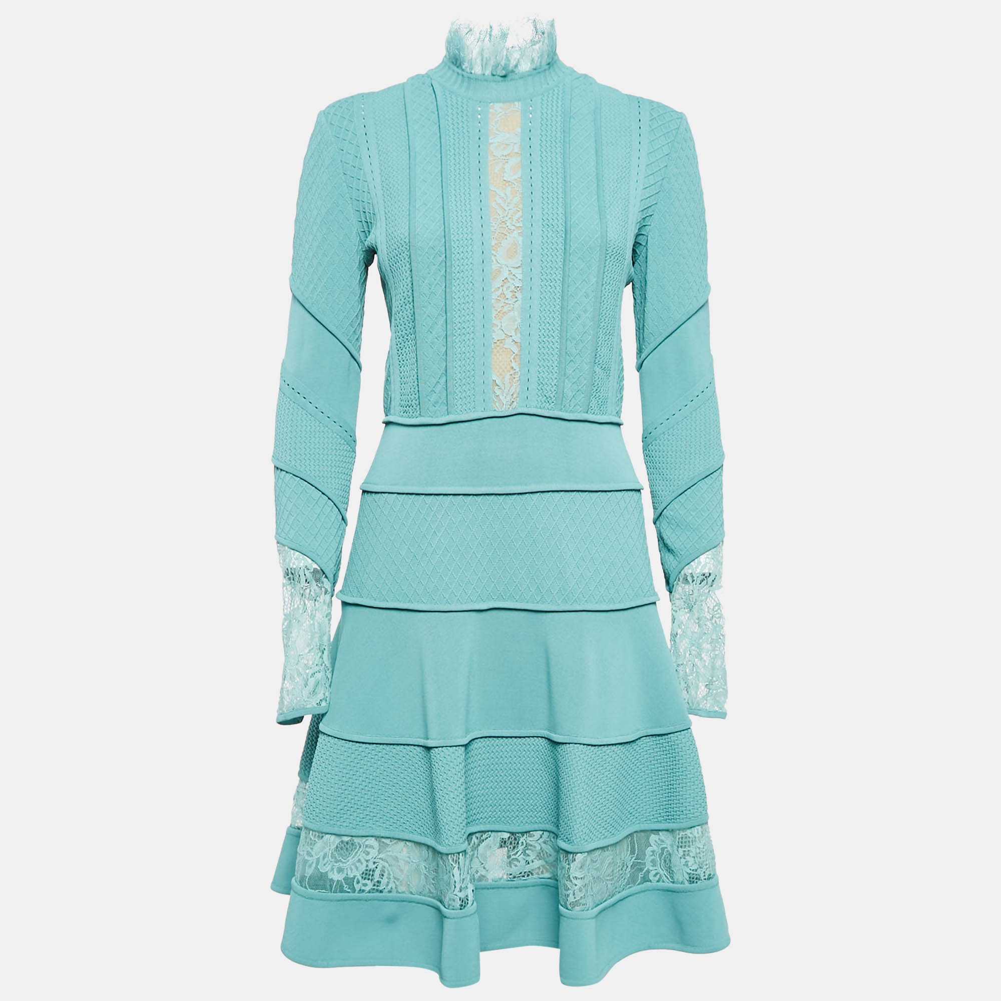 مملوكة مسبقًا Elie Saab Seamfoam Green Knit Lace Trim Short Dress S