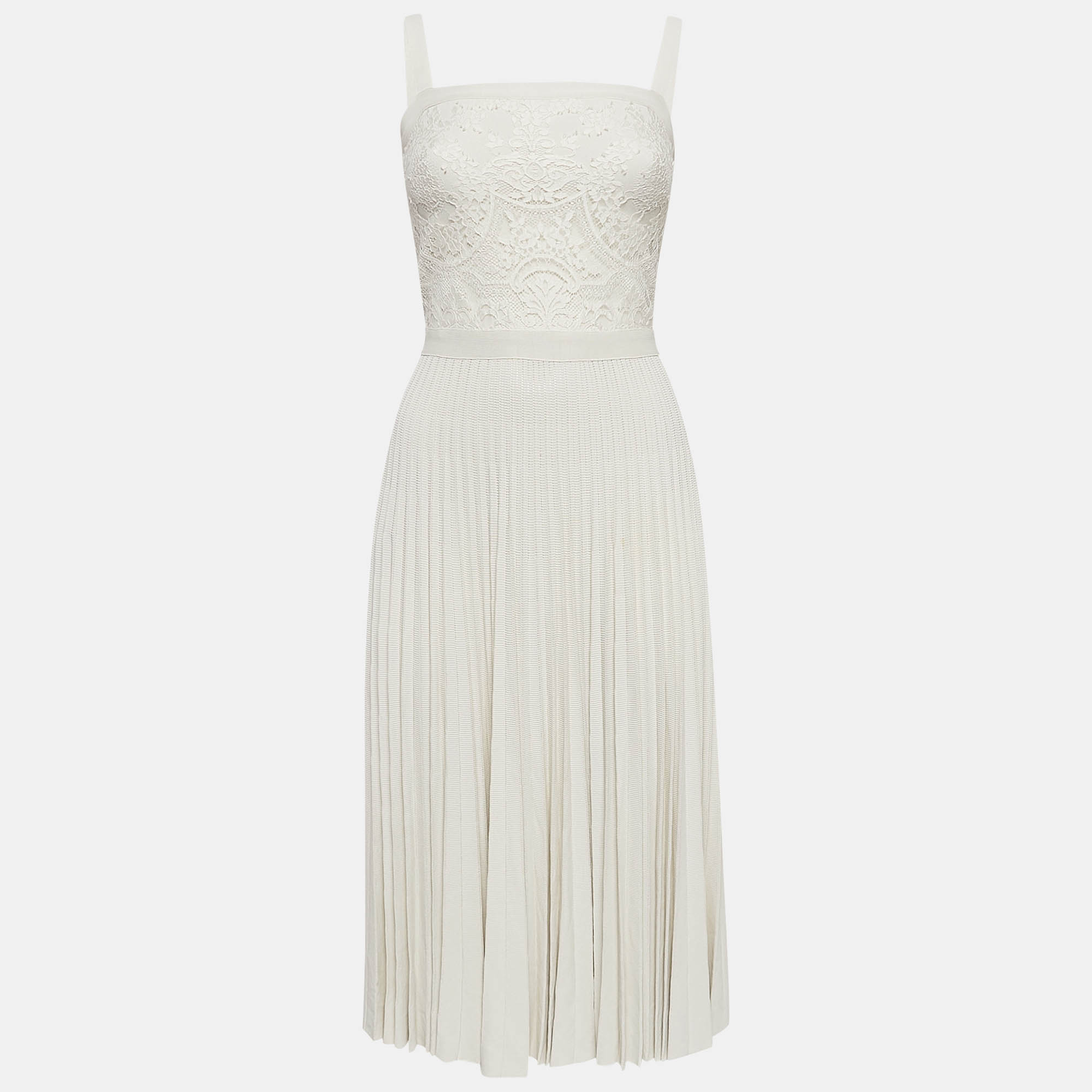 Elie Saab Off-White Jersey Lace Patch and Pleated Mini Dress XS