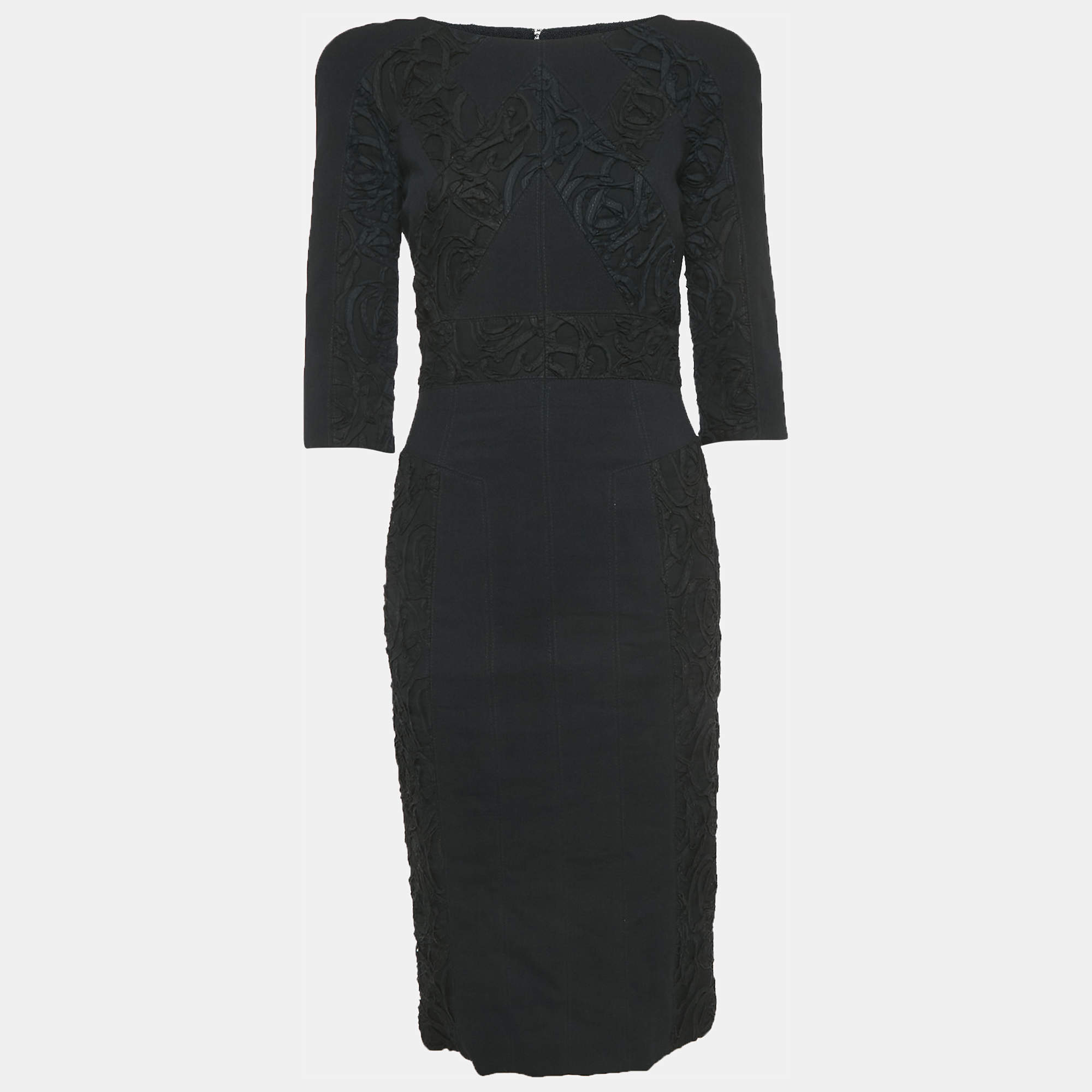 Elie Saab Black Embroidered Silk Blend Sheath Dress S