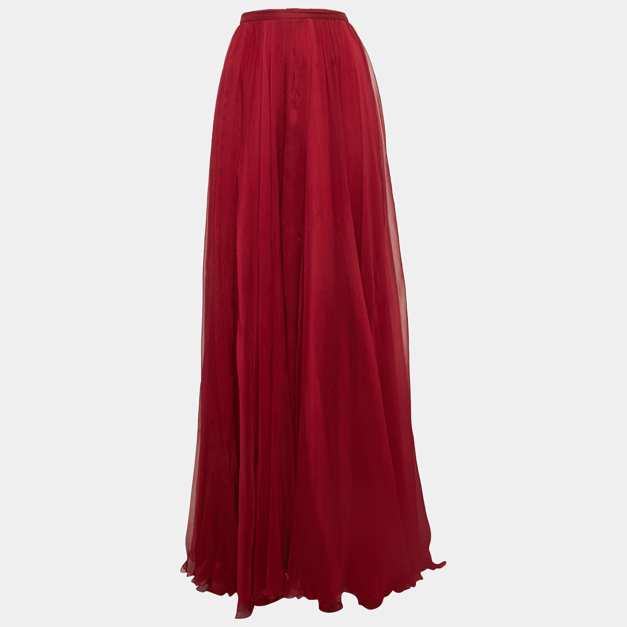 Elie Saab Burgundy Silk Chiffon Flared Slit Detail Maxi Skirt L
