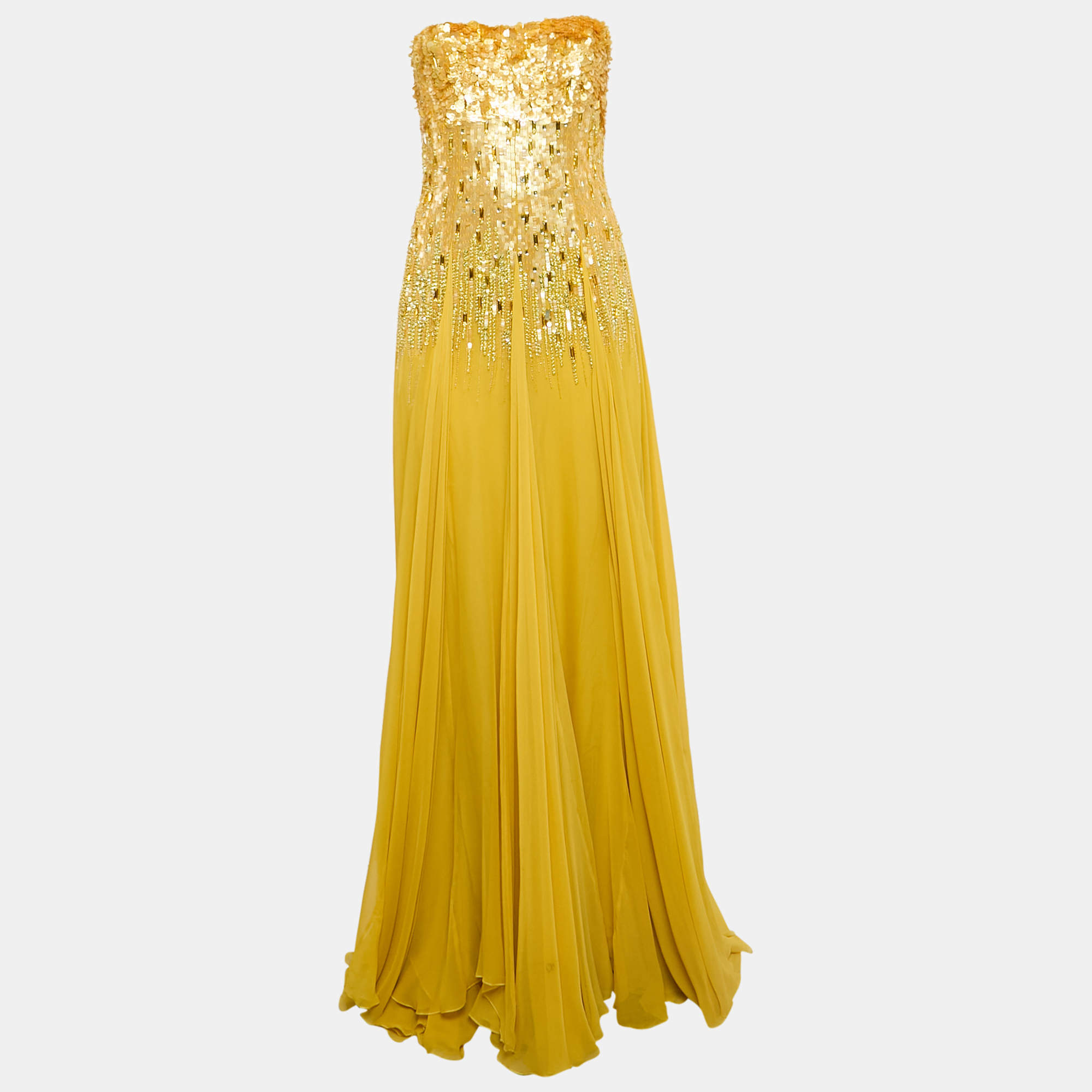 Pre Owned Elie Saab Yellow Embellished Detail Strapless Gown S