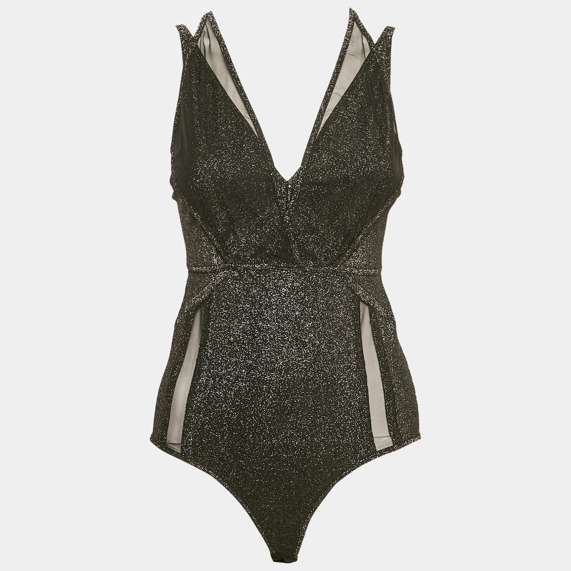 Elie Saab Black Lurex Jersey and Tulle Trim Bodysuit S