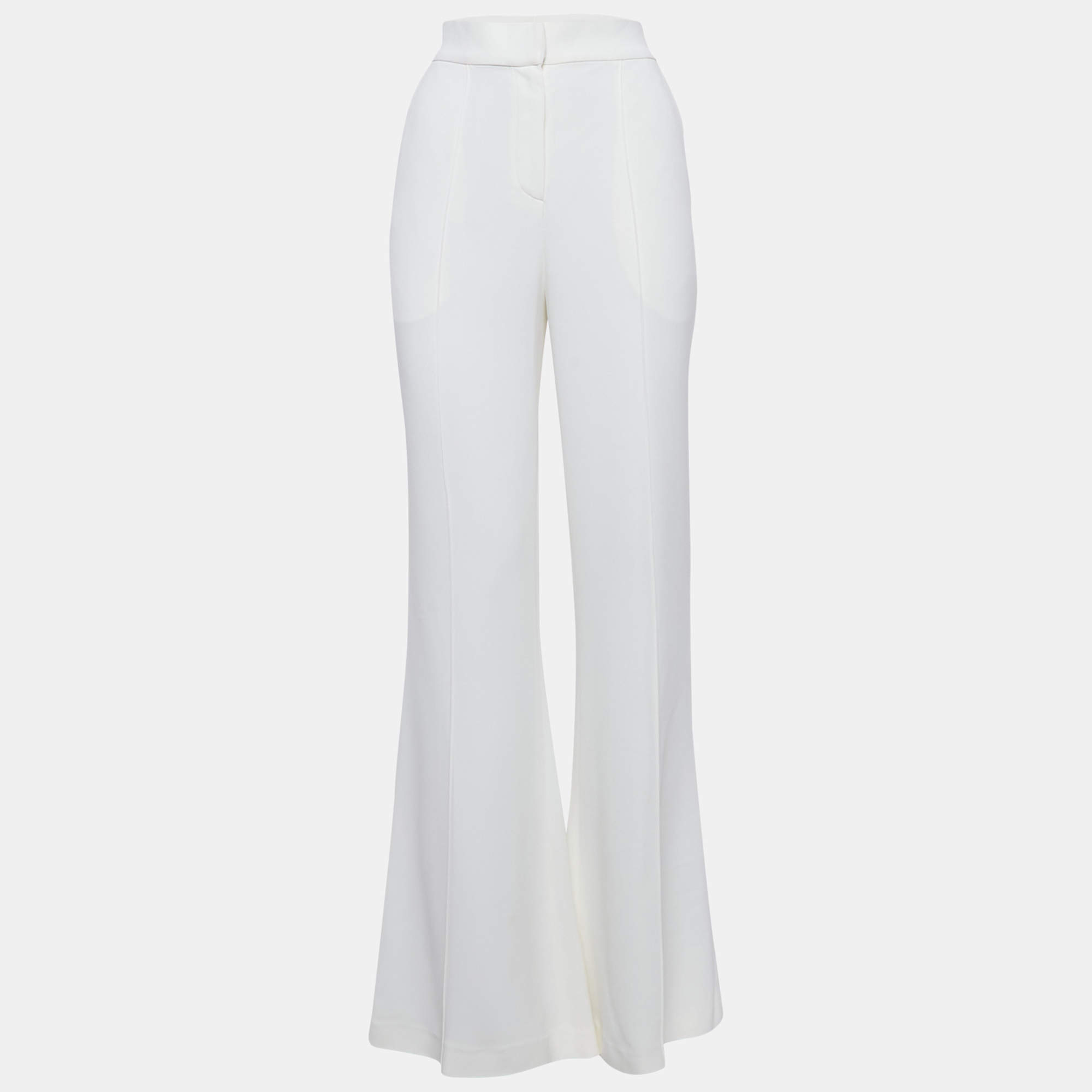 Pre Owned Elie Saab White Crepe High-Rise Flared Trousers S