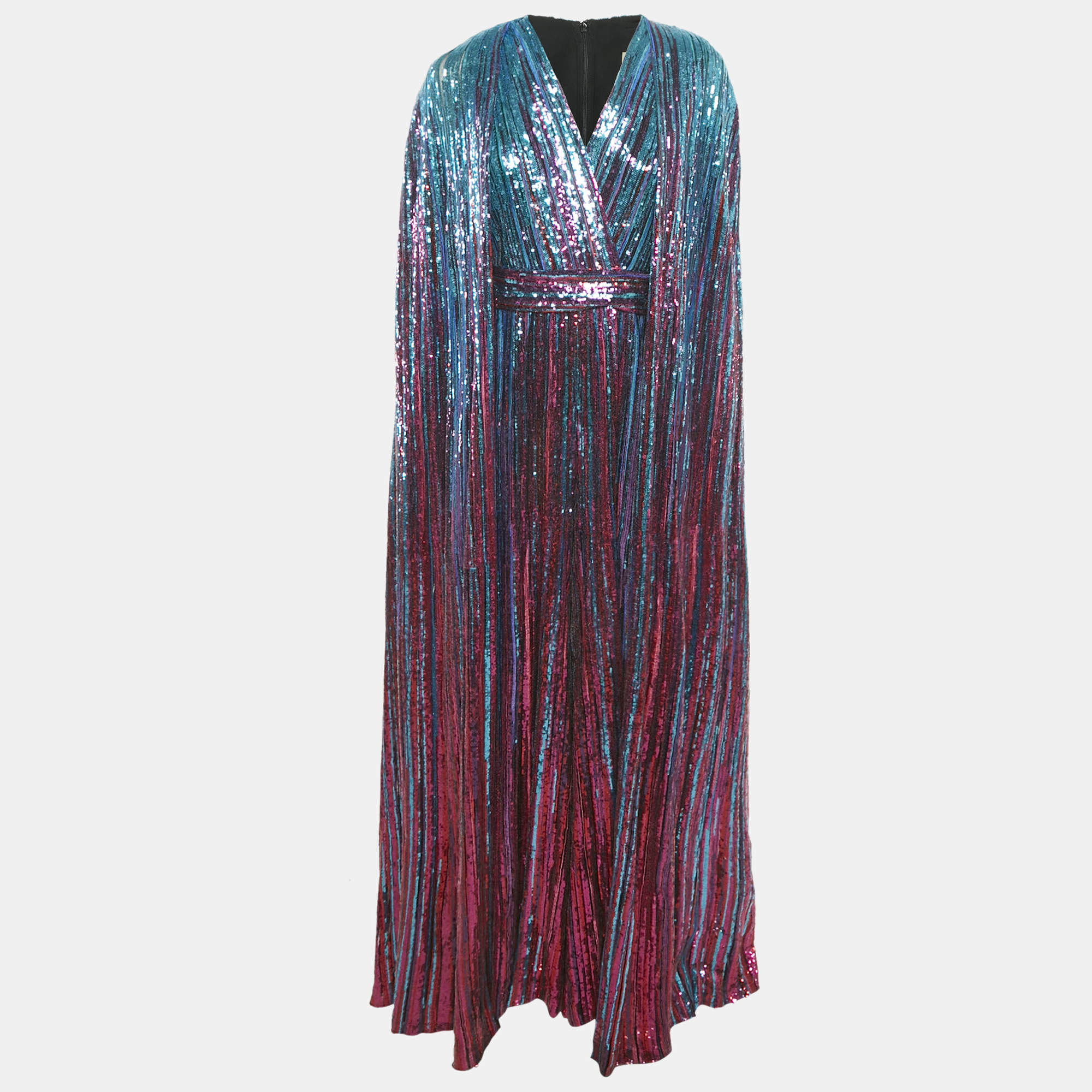 Pre Owned Elie Saab Blue/Pink Tulle Sequin Embroidered Cape Jumpsuit M
