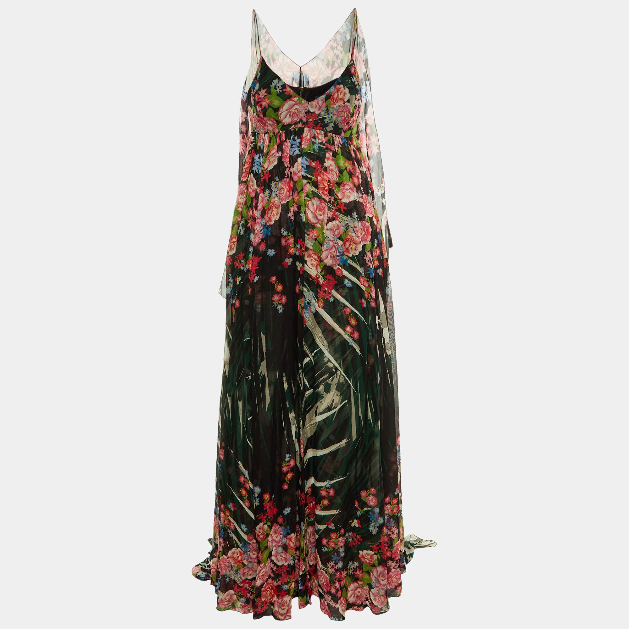 Pre Owned Elie Saab Black Floral Print Silk Chiffon Flared Maxi Dress S