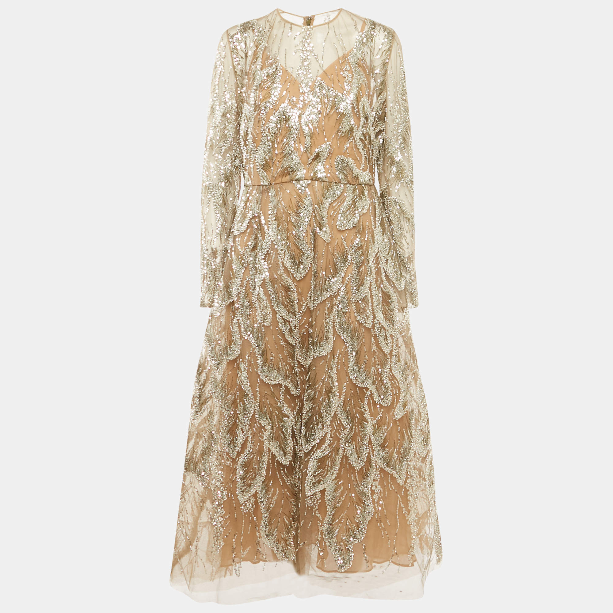 Pre Owned Elie Saab Green Heavy Embroidered Tulle Gown L