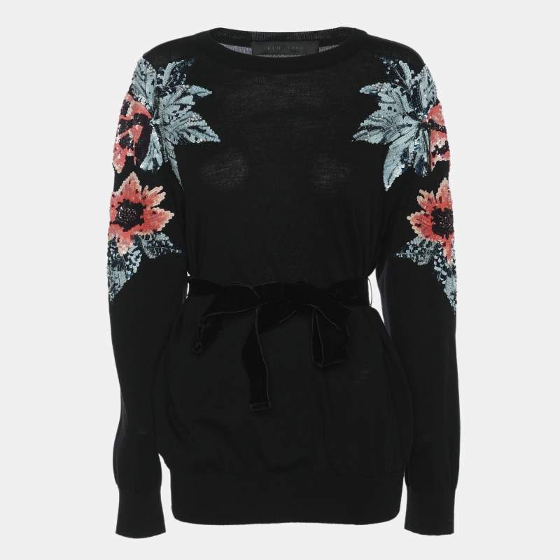 Elie Saab Black Wool Knot Floral Embellished Sweater XS