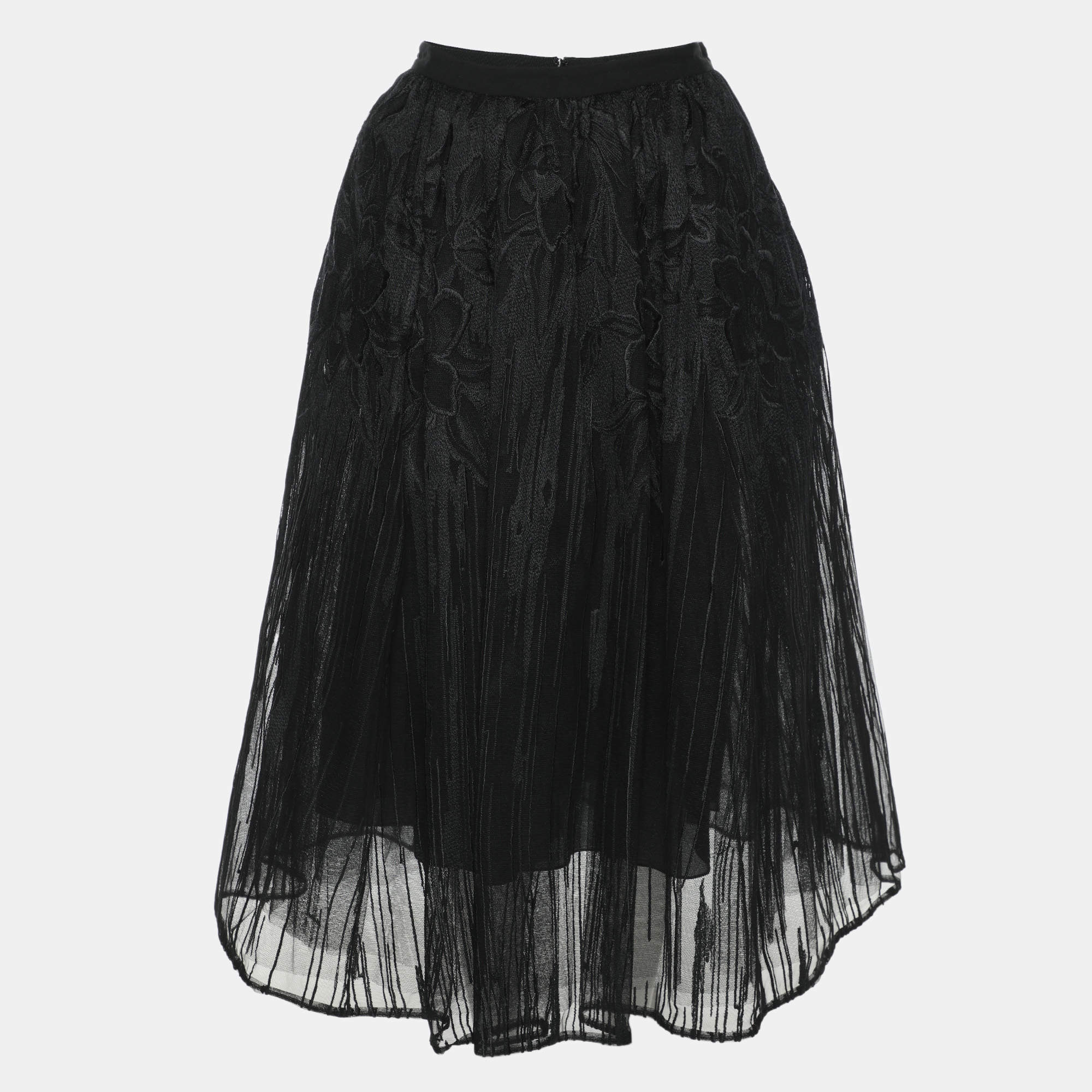 Elie Saab Black Floral Tulle Midi Skirt XS