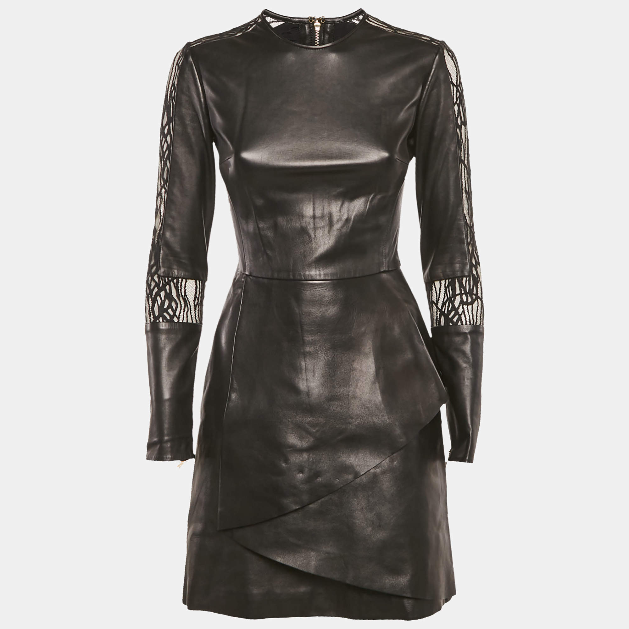 Pre Owned Elie Saab Black Lace Trim Leather Mini Dress XS