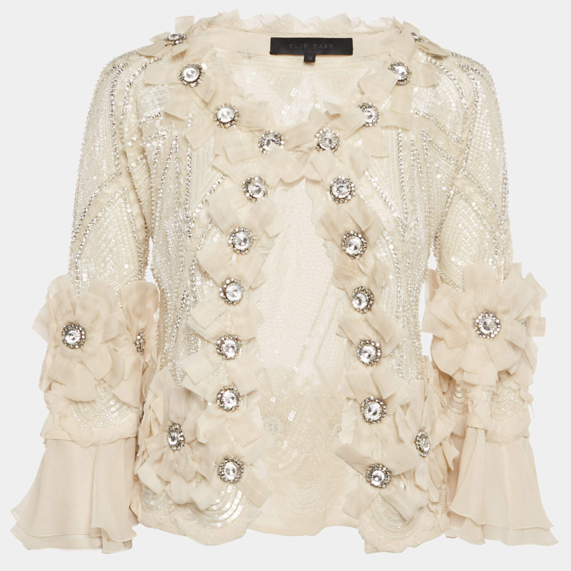 Pre Owned Elie Saab Cream Embellished Silk Ruffled Open Front Jacket S