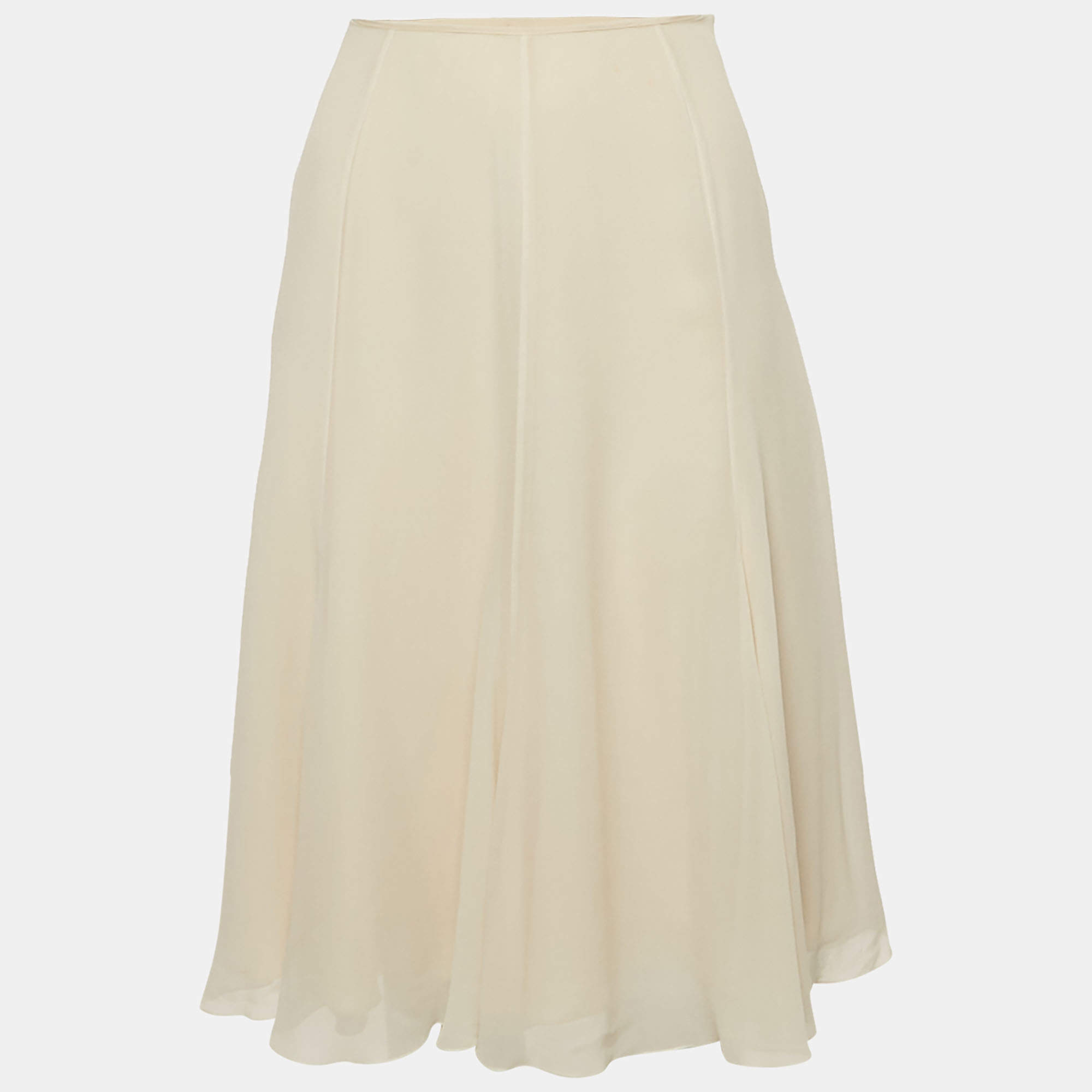 Pre Owned Elie Saab Beige Silk Flared Knee Length Skirt S