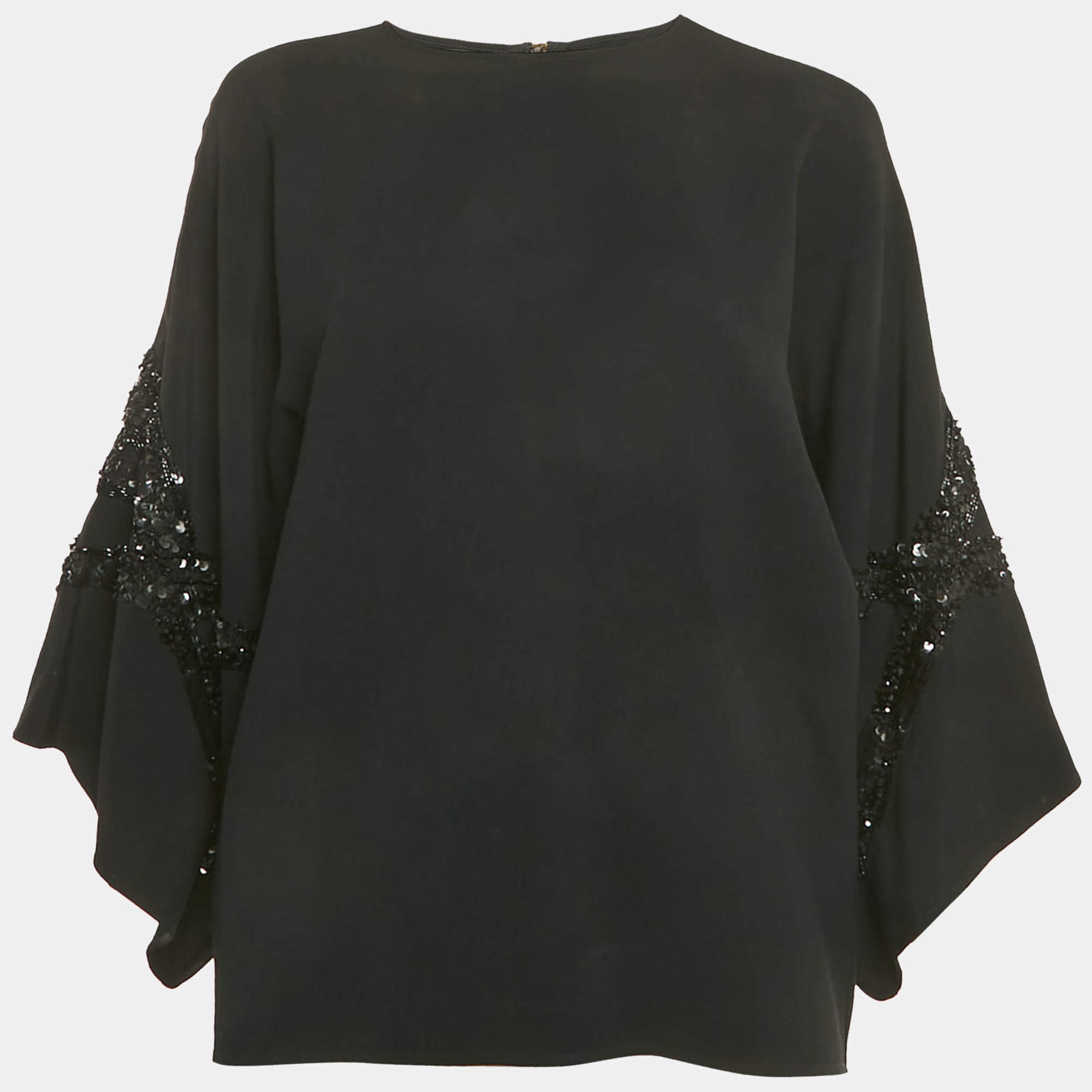 Pre Owned Elie Saab Black Sequin Embroidered Detail Crepe Tunic Blouse S