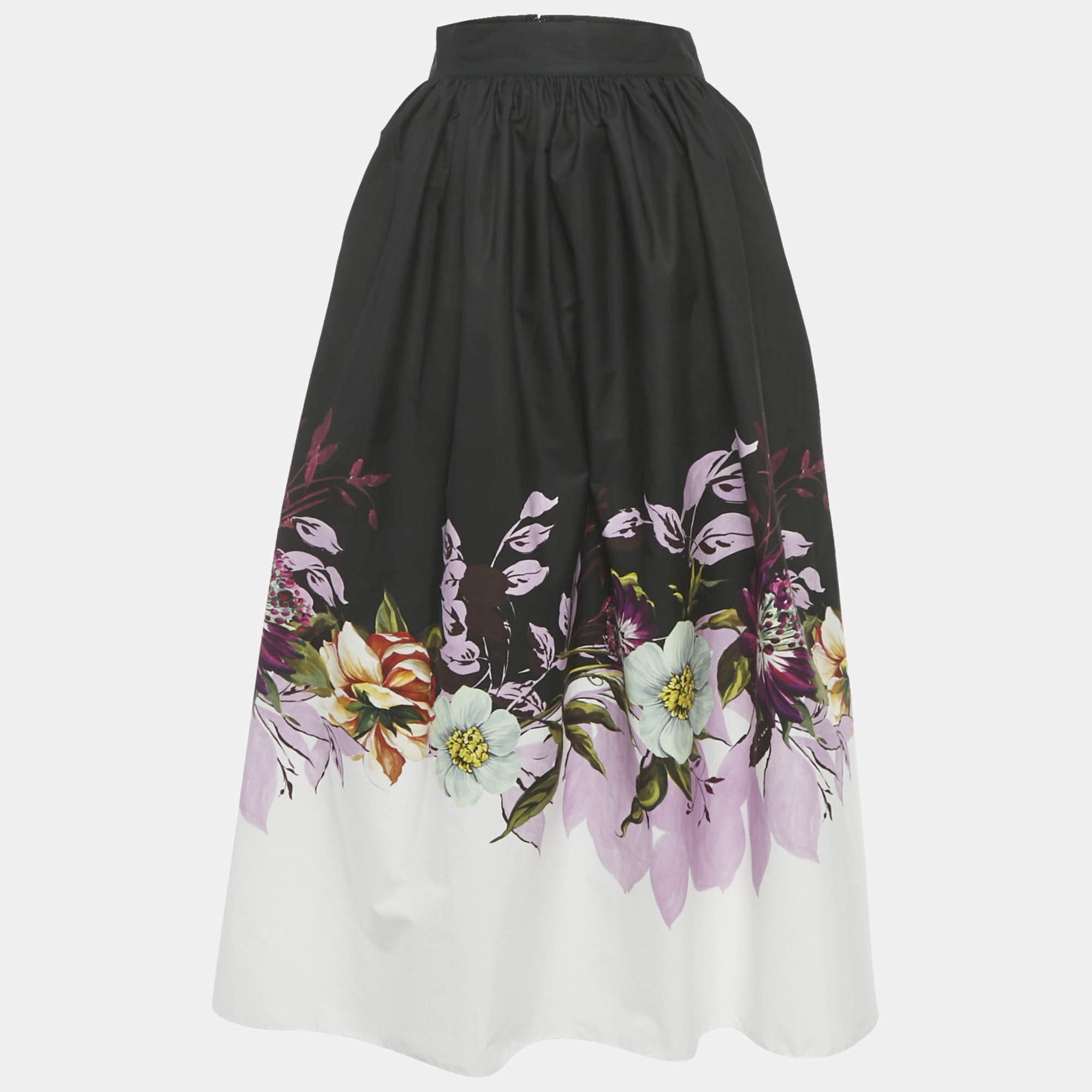Pre Owned Elie Saab Black Floral Print Poplin Gathered Midi Skirt M