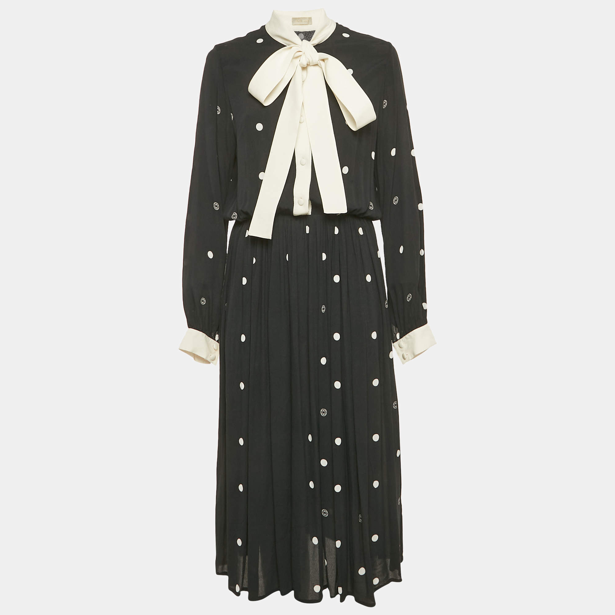 مملوكة مسبقًا فستان إيلي صعب أسود بكُرات قماش كريب ميدي مقاس وسط (ميديوم)