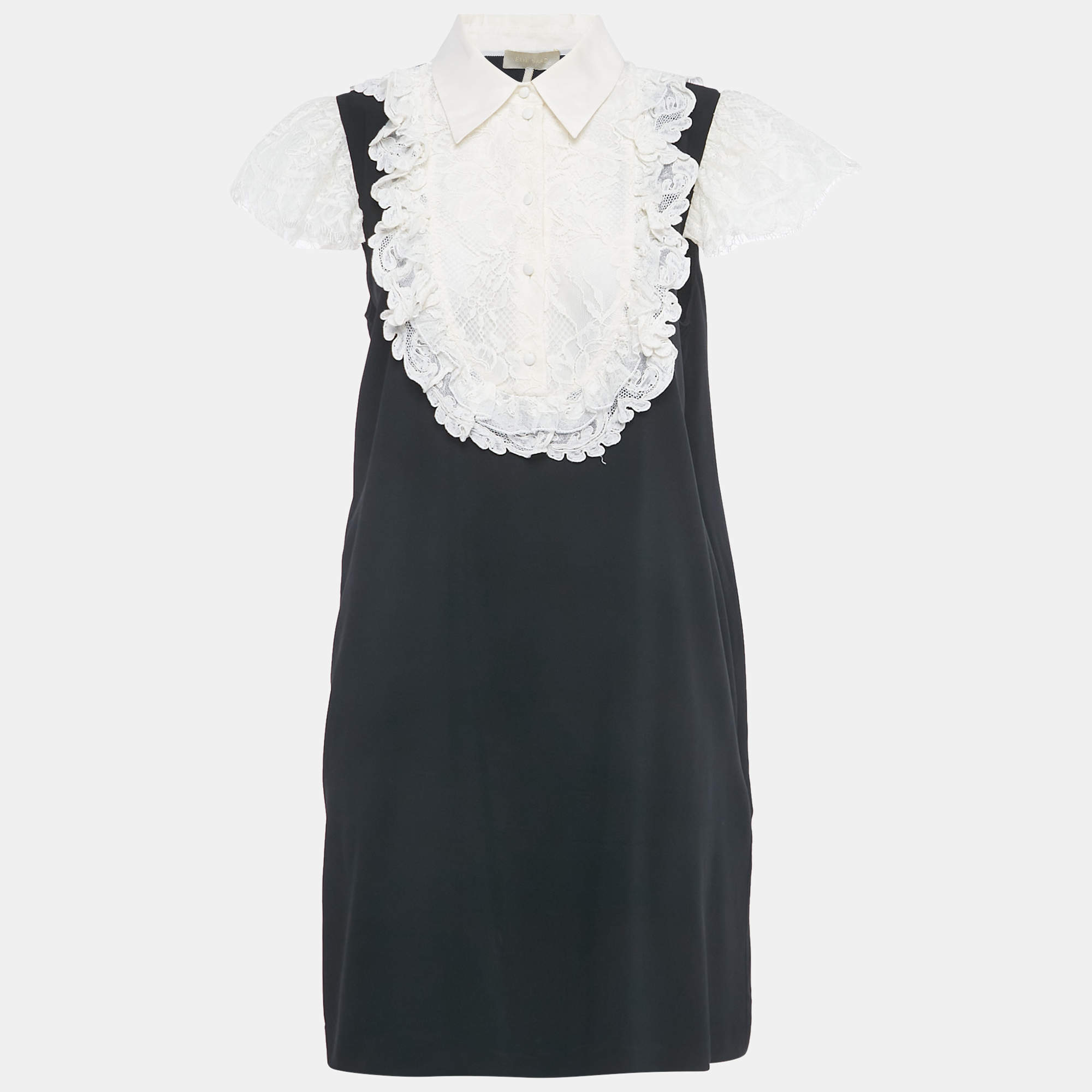 Pre Owned Elie Saab Black/White Lace Trim Crepe Mini Dress M