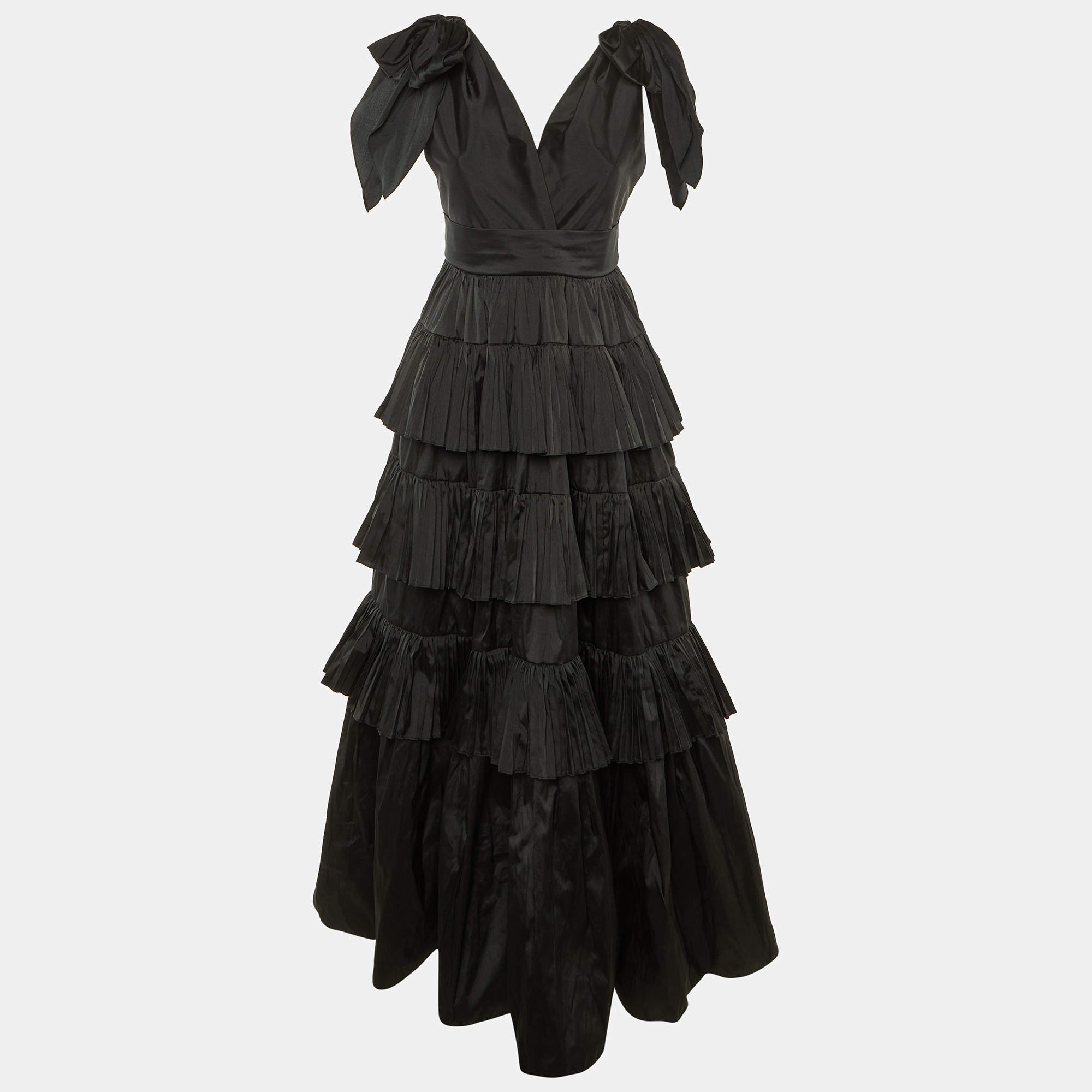Pre Owned Elie Saab Black Satin Tiered Ruffle Bow Tie Strap Gown M