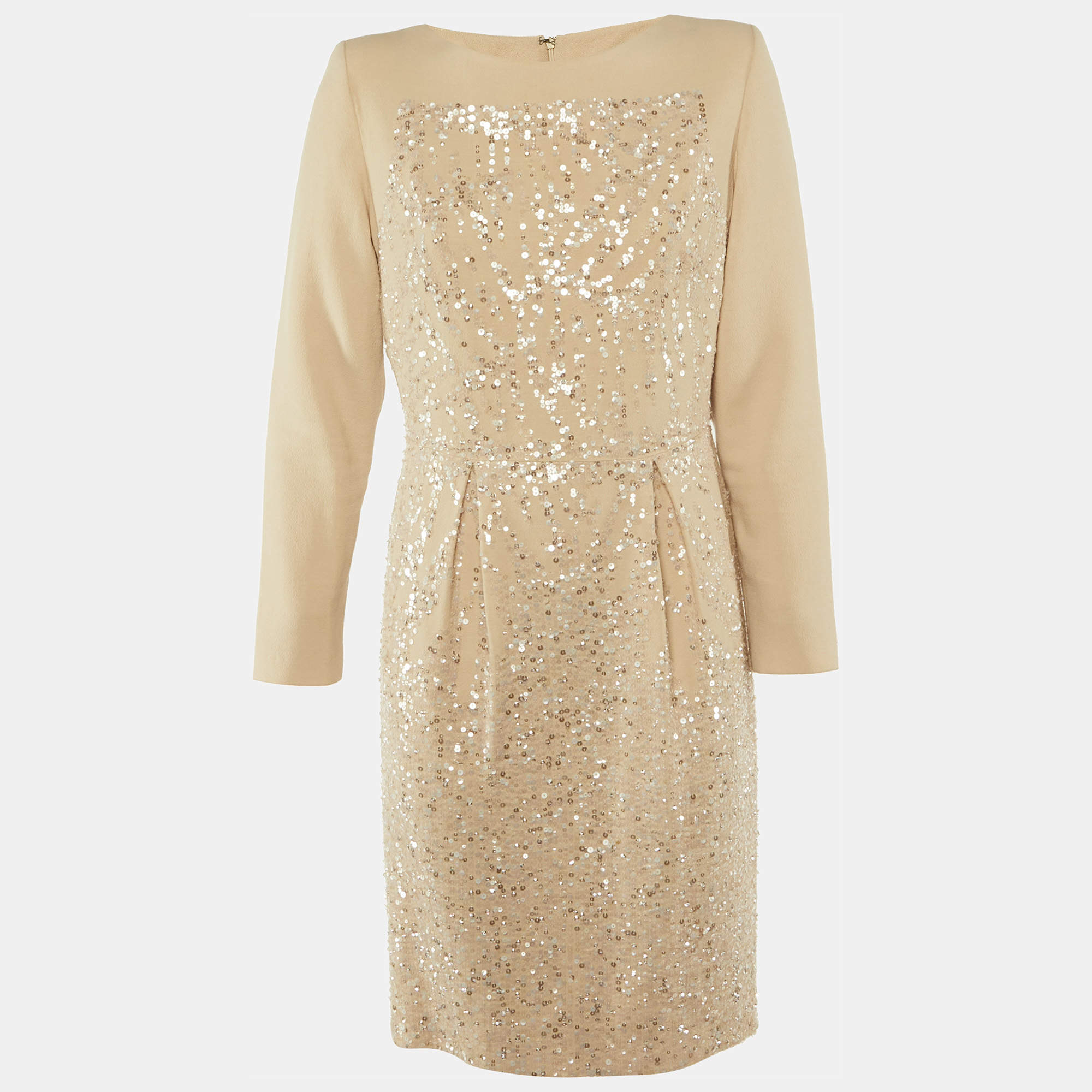 Pre Owned Elie Saab Beige Silk & Wool Embellished Knee Length Dress M