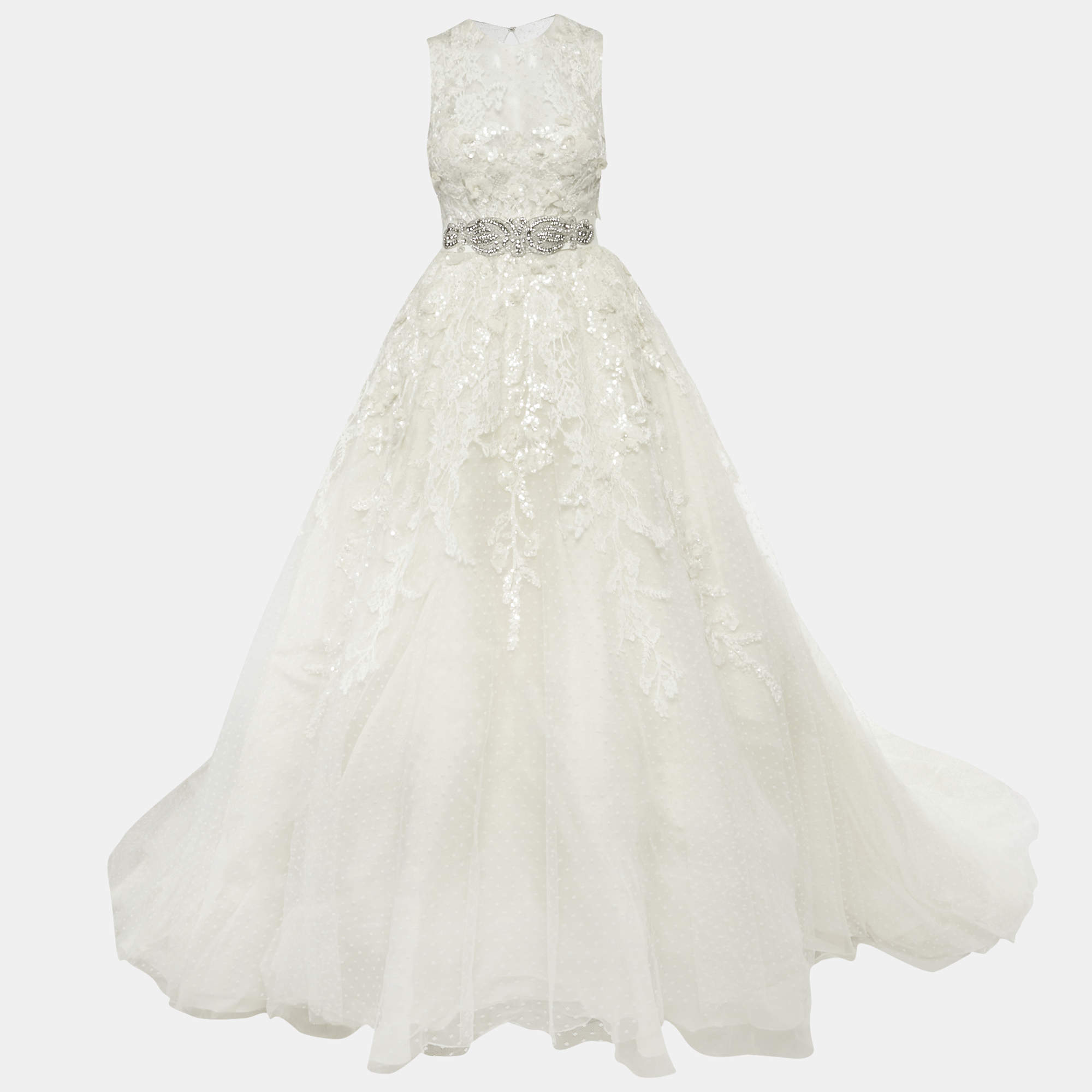 مملوكة مسبقًا Elie By Elie Saab White Floral Embroidered Tulle Wedding Gown M