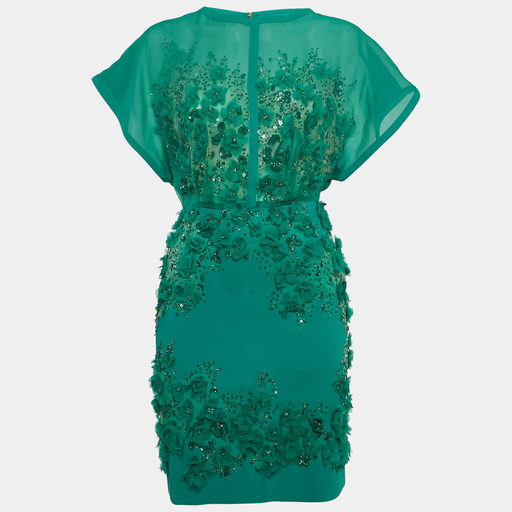 Pre Owned Elie Saab Green Embellished Detail Crepe & Silk Mini Dress XS