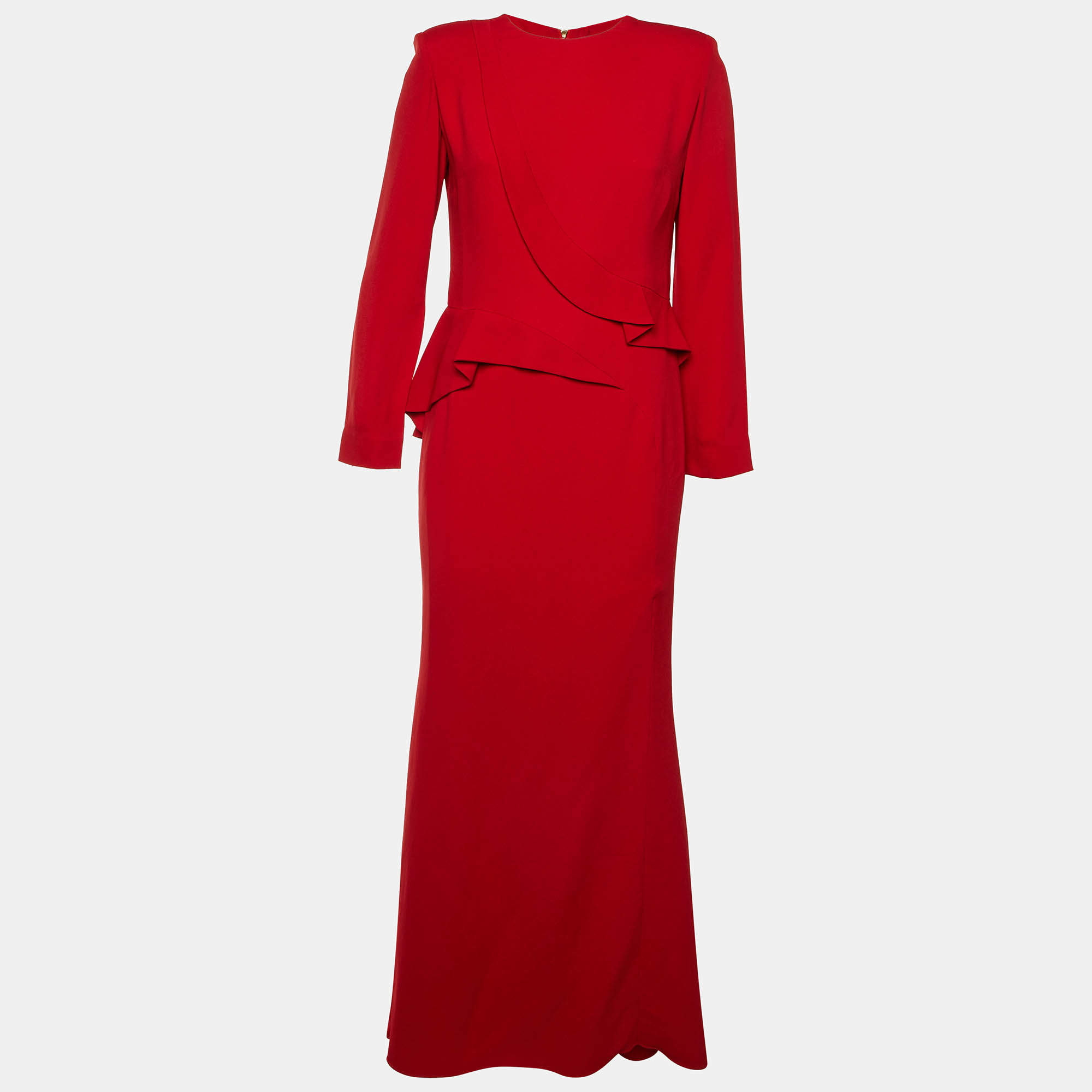 Pre Owned Elie Saab Red Crepe Ruffle Detail Maxi Dress M