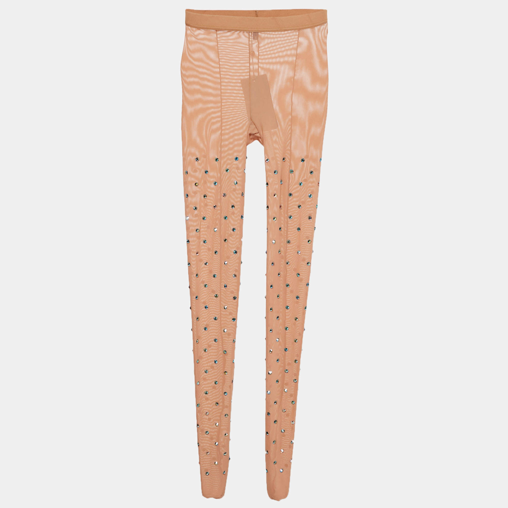 Pre Owned Elie Saab Nude Mesh Rhinestone Detail Sheer Tights S