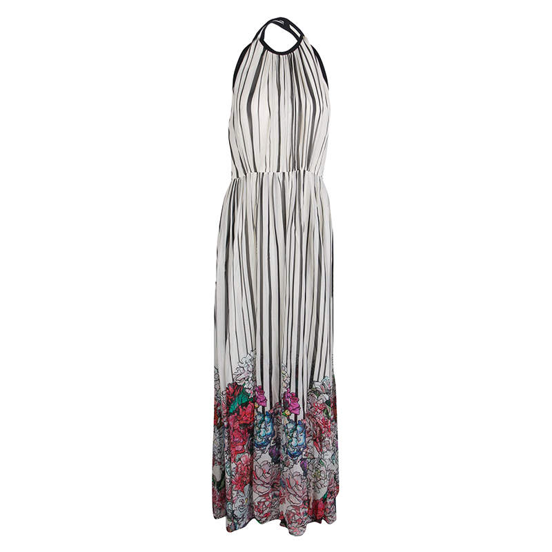 Pre Owned Elie Saab Monochrome Striped Silk Floral Print Halter Maxi Dress S