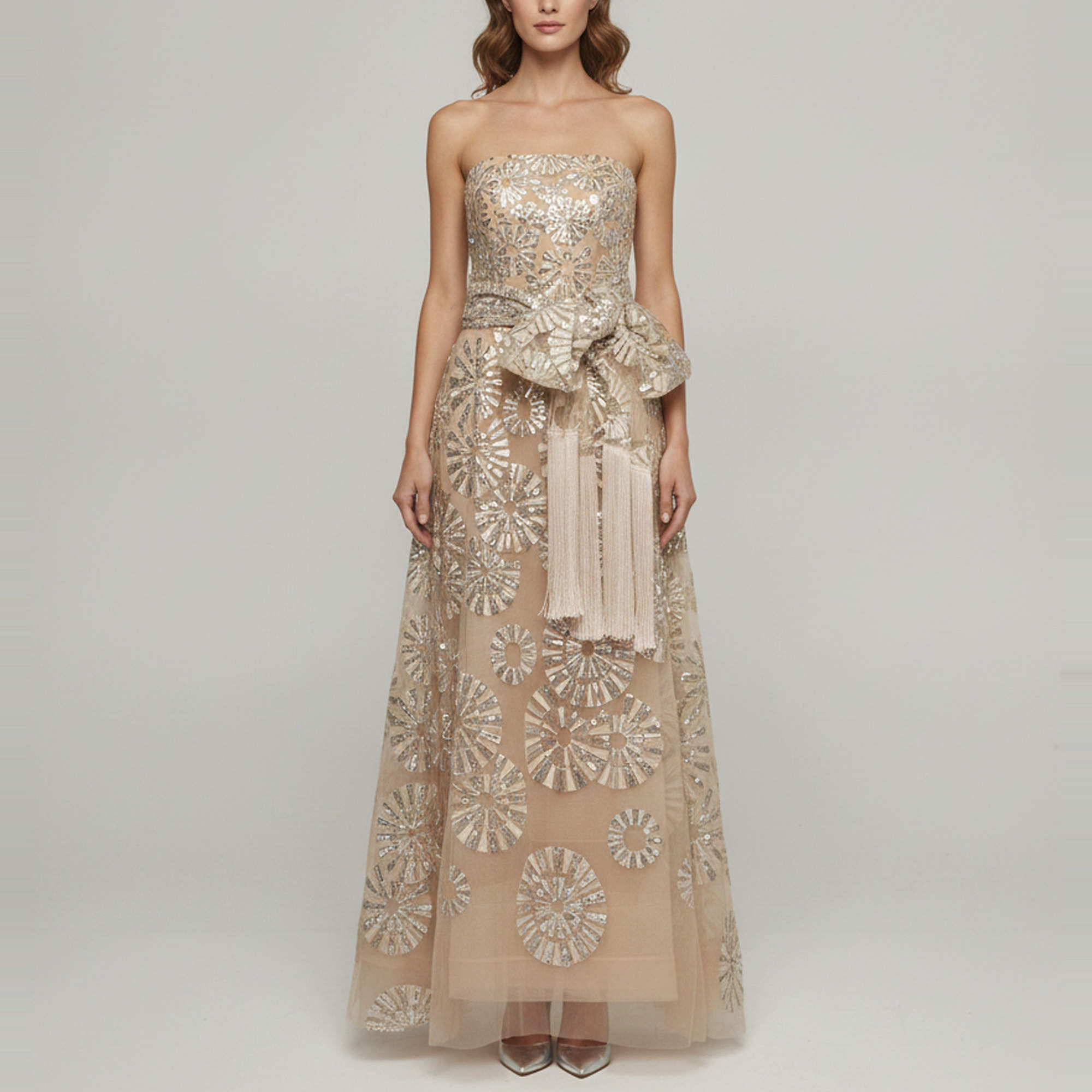Pre Owned Elie Saab Neutral Sequin Embroidered Tulle Strapless Gown L