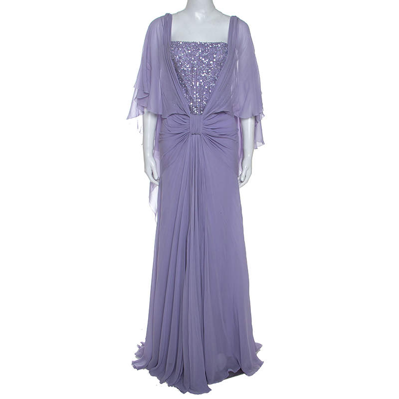 Pre Owned Elie Saab Lilac Silk Cape Sleeve Gathered Detail Evening Gown S