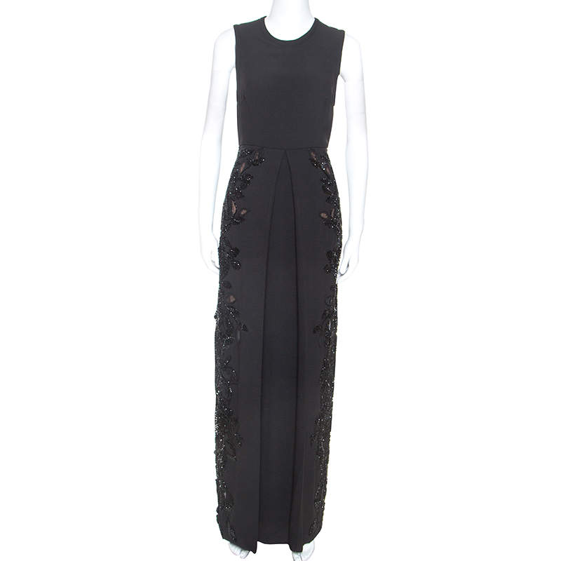 Pre Owned Elie Saab Black Crepe Tulle Embellished Sleeveless Maxi Gown S