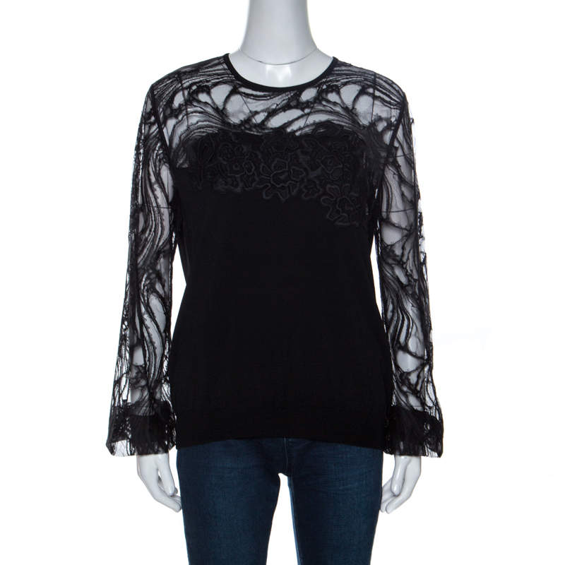 Elie Saab Black Knit Lace Trim Detail Top M