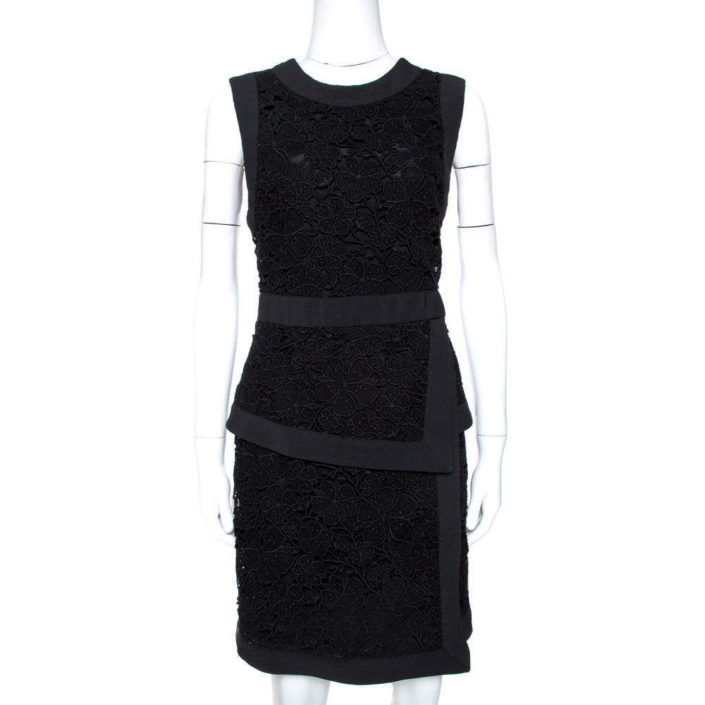 Pre Owned Elie Saab Black Floral Guipure Lace Layered Dress M