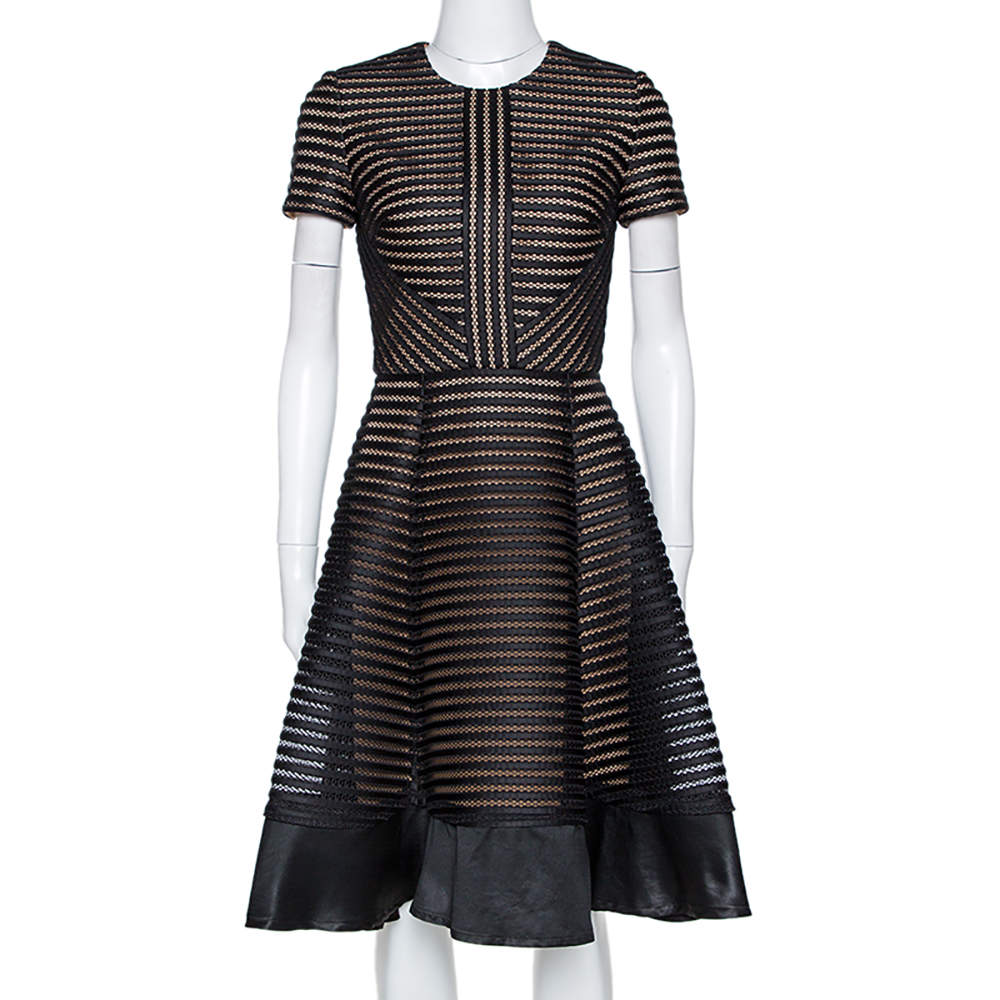 Pre Owned Elie Saab Black Honeycomb Mesh Striped Mini Dress XS