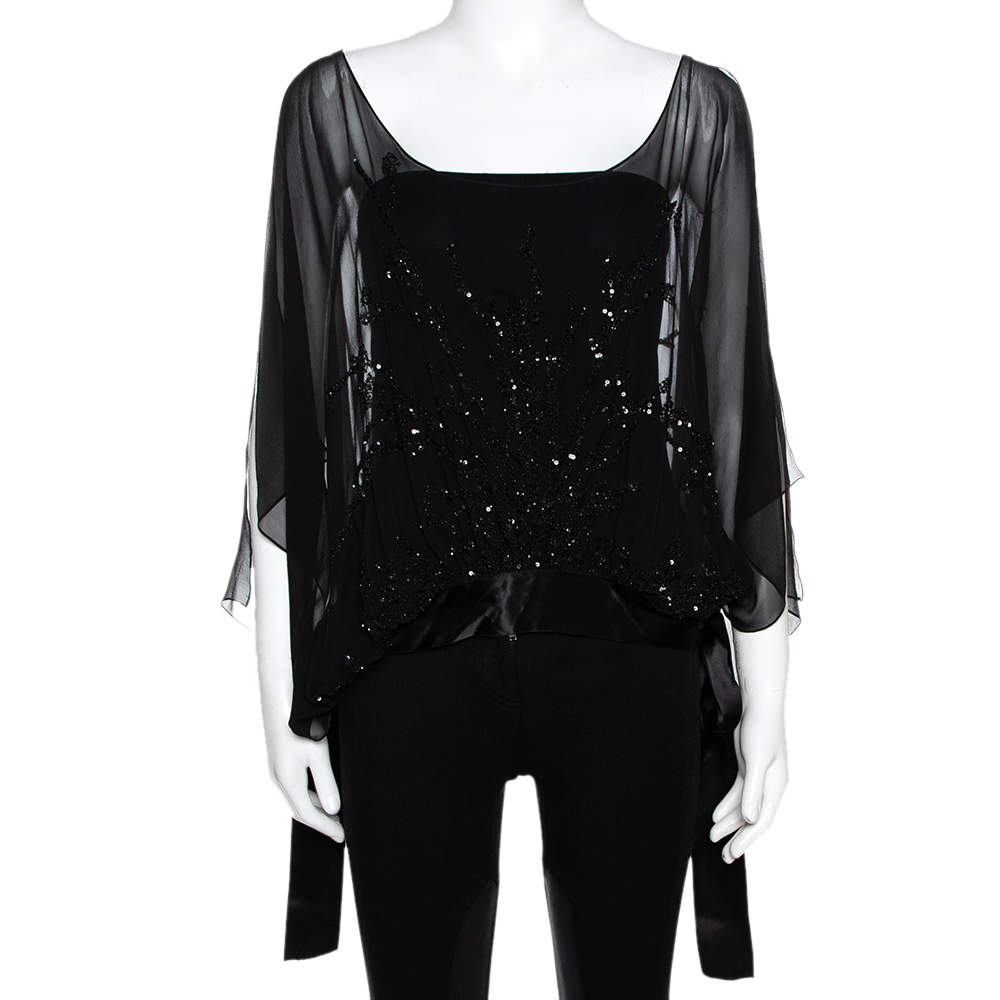 Elie Saab Black Silk Sequin Embellished Sheer Kaftan Top L