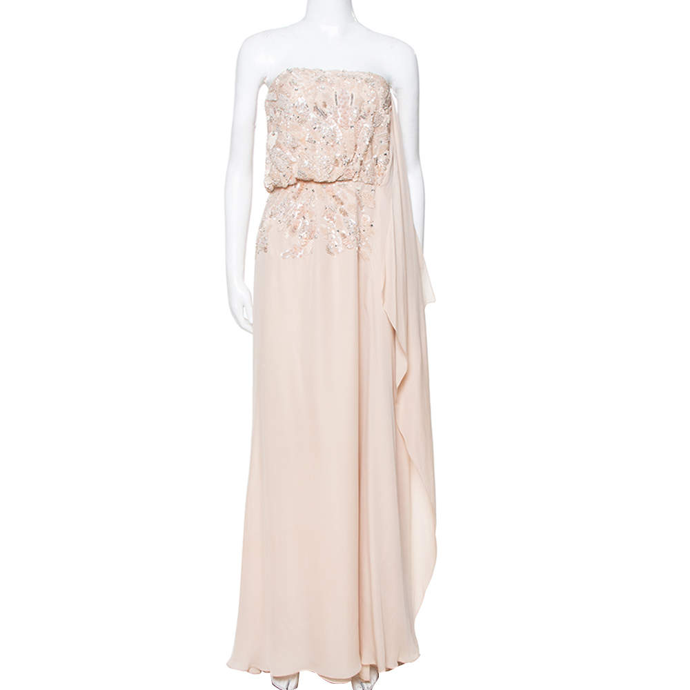 Pre Owned Elie Saab Cream Silk Embellished Draped Strapless Dress S