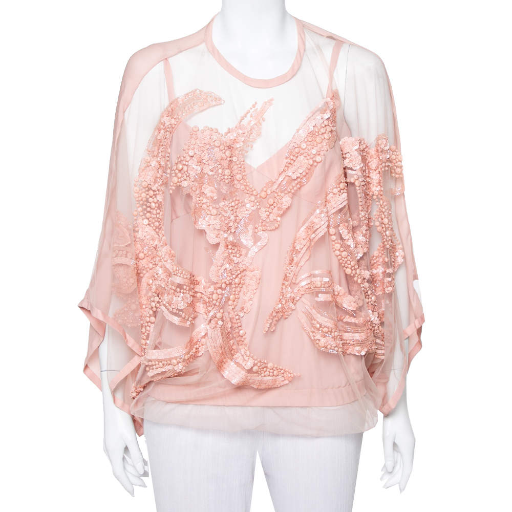 مملوكة مسبقًا Elie Saab Pale Pink Semi-Sheer Sequin Embellished Oversized Top XS