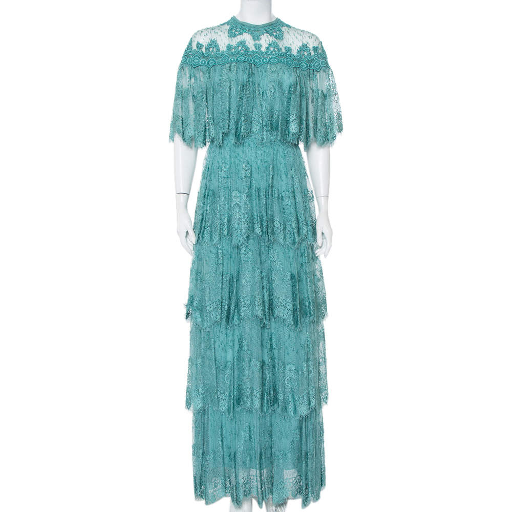 Pre Owned Elie Saab Turquoise Blue Embroidered Lace Overlay Detail Tiered Maxi Dress M