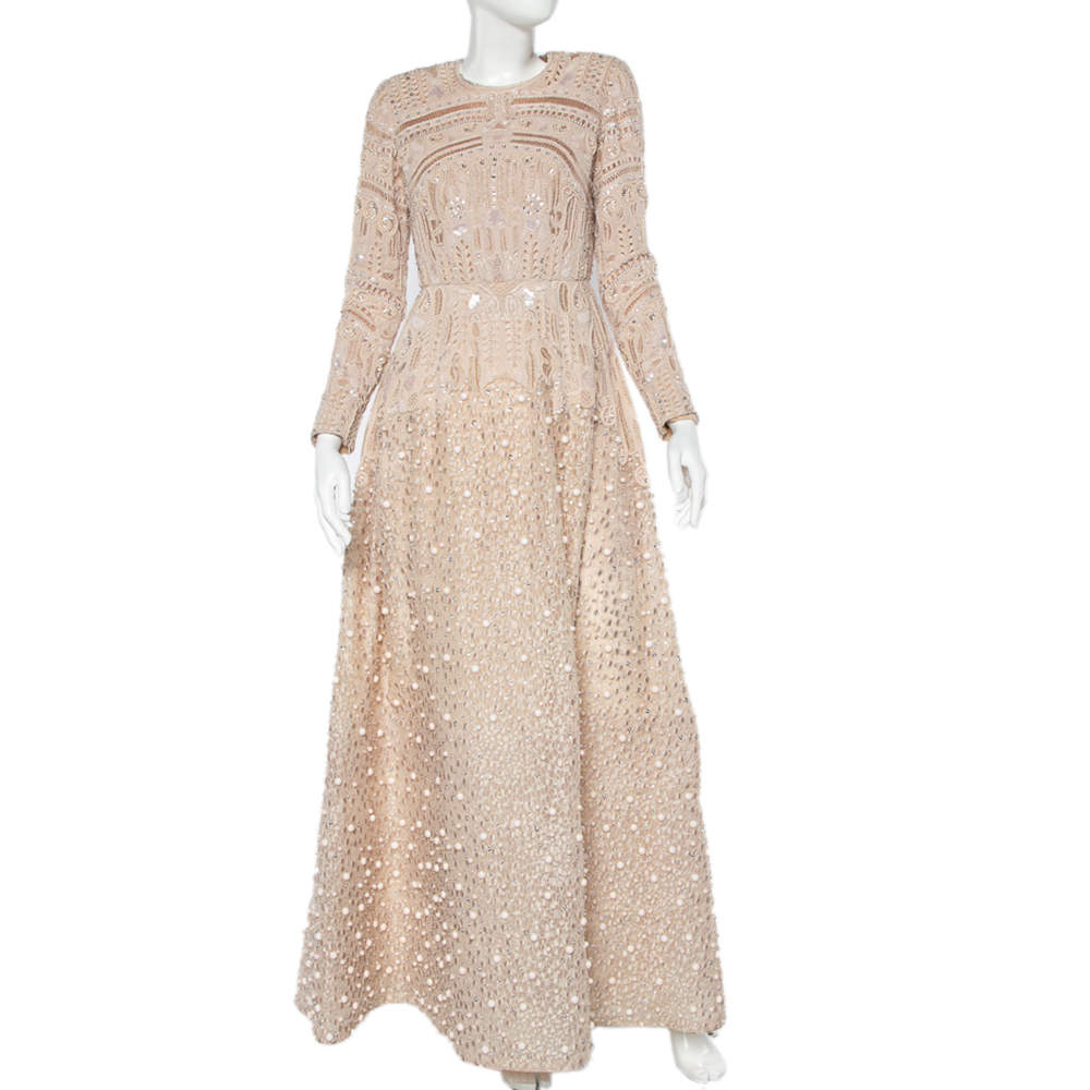 Elie Saab Beige Bead Embellished Lace & Tulle Long Sleeve Gown S