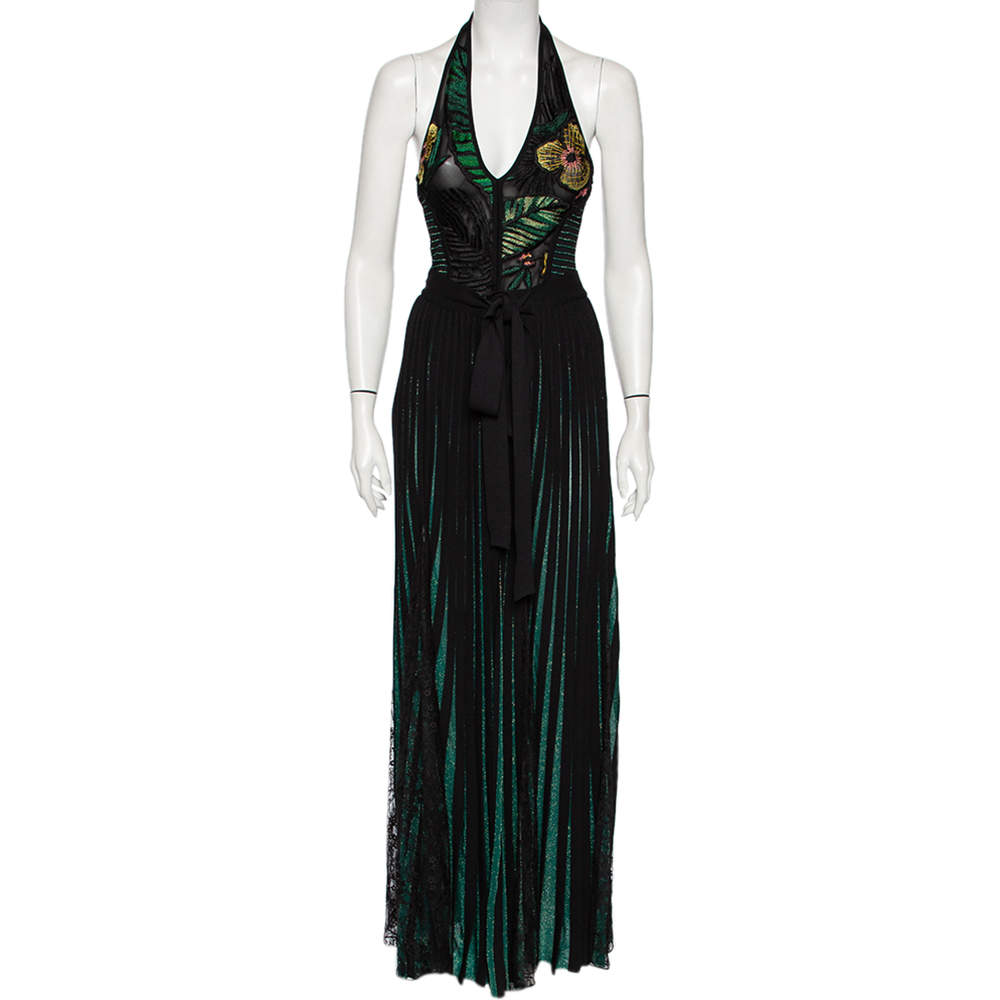 Pre Owned Elie Saab Green Embroidered Lurex Knit & Lace Trim Body Suit & Skirt Set S