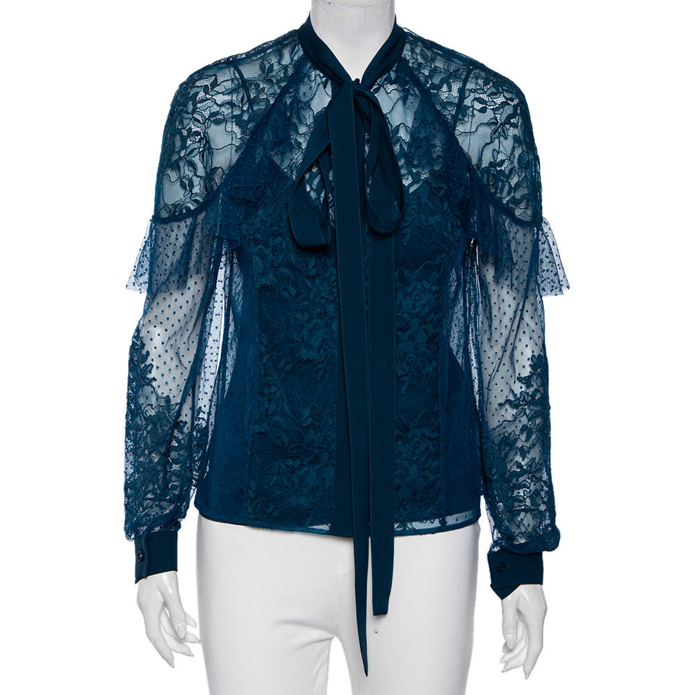 Elie Saab Teal Blue Chantilly Lace Tulle Neck Tie Detail Blouse S 