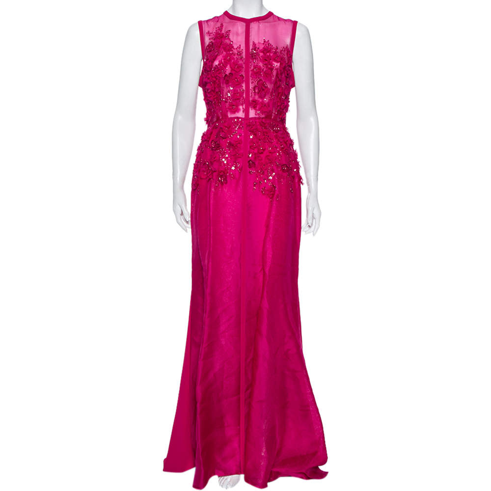 Pre Owned Elie Saab Pink Silk Embellished Floral Applique Sleeveless Gown S