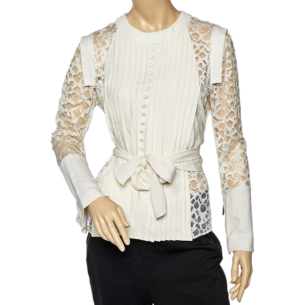 Pre Owned Elie Saab Off White lace & Silk Paneled Pintuck Detail Top S