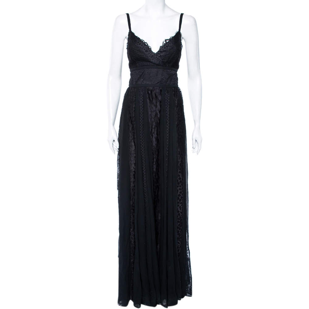 Elie Saab Black Silk & Lace Paneled Shawl Detail Sleeveless Gown S
